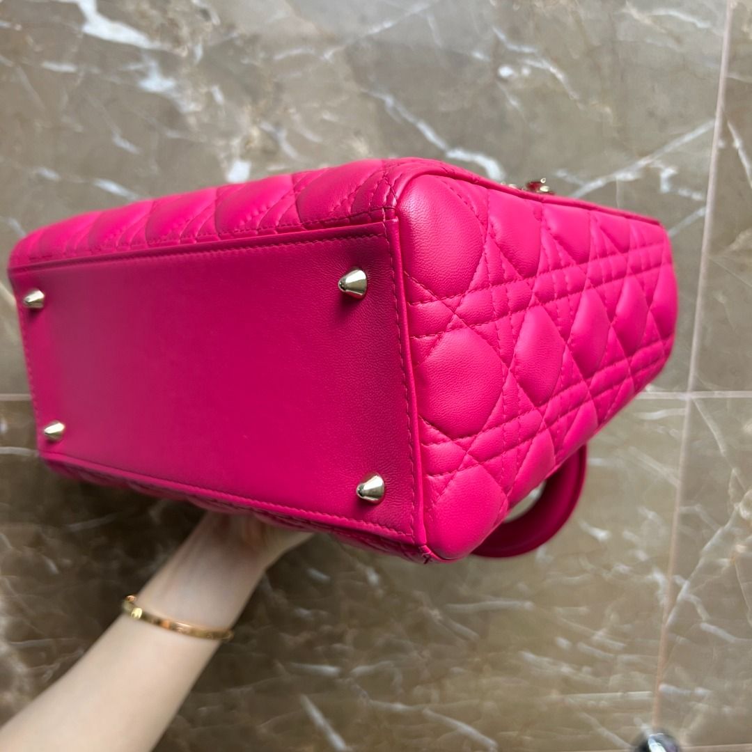 Dior Lady Medium Lambskin Hot Pink GHW - Luxury Evermore