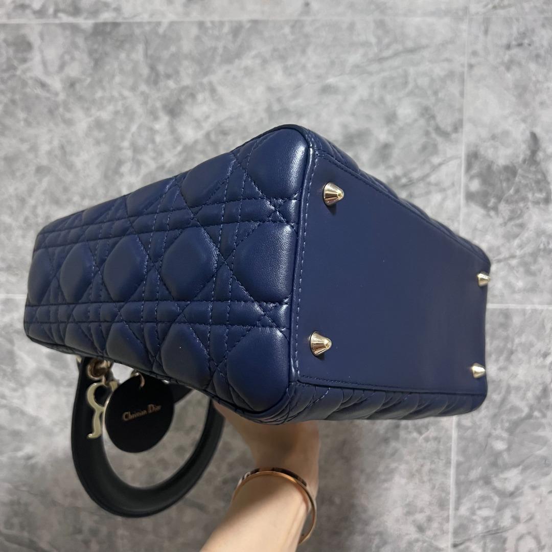 Dior Lady Medium Lambskin Leather Navy Blue Silver Hardware - Luxury Evermore