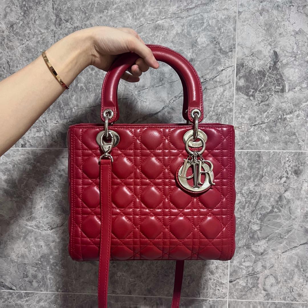 Dior Lady Medium Lambskin Leather Red Plum Silver Hardware - Luxury Evermore