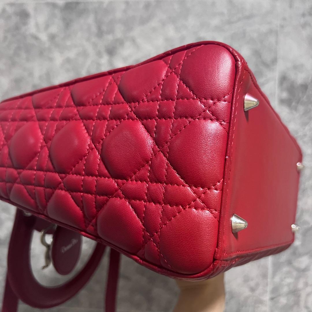 Dior Lady Medium Lambskin Leather Red Plum Silver Hardware - Luxury Evermore