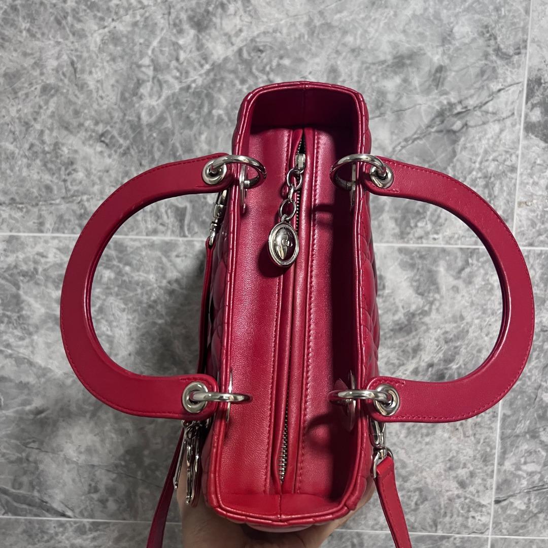 Dior Lady Medium Lambskin Leather Red Plum Silver Hardware - Luxury Evermore