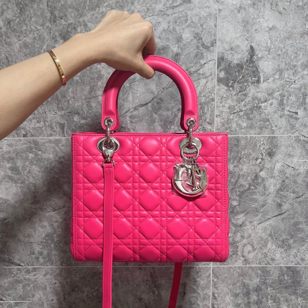 Dior Lady Medium Lambskin Pink Silver Hardware - Luxury Evermore