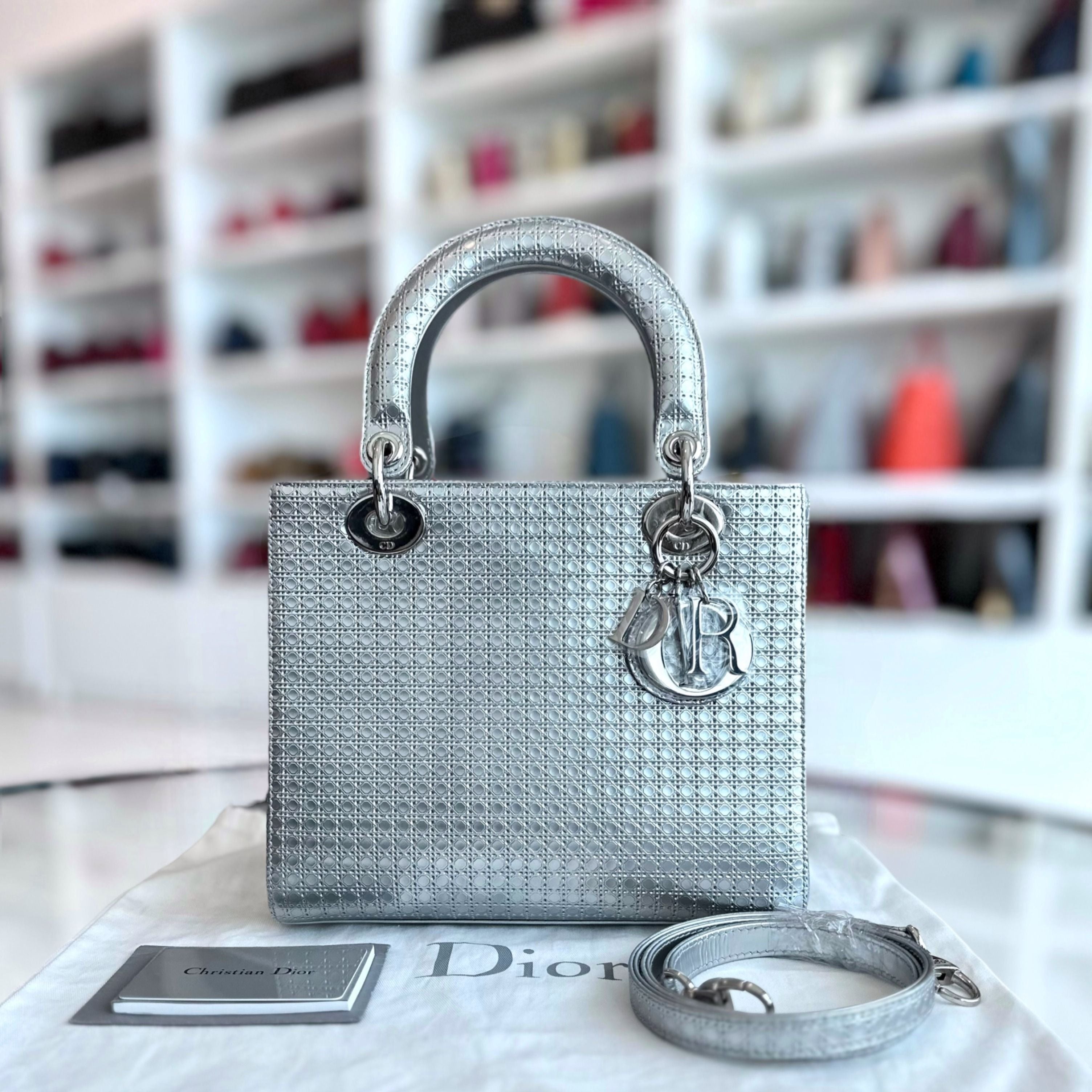 Dior Lady Medium Micro-Cannage Metallic Calfskin Limited Edition Silver SHW - Luxury Evermore