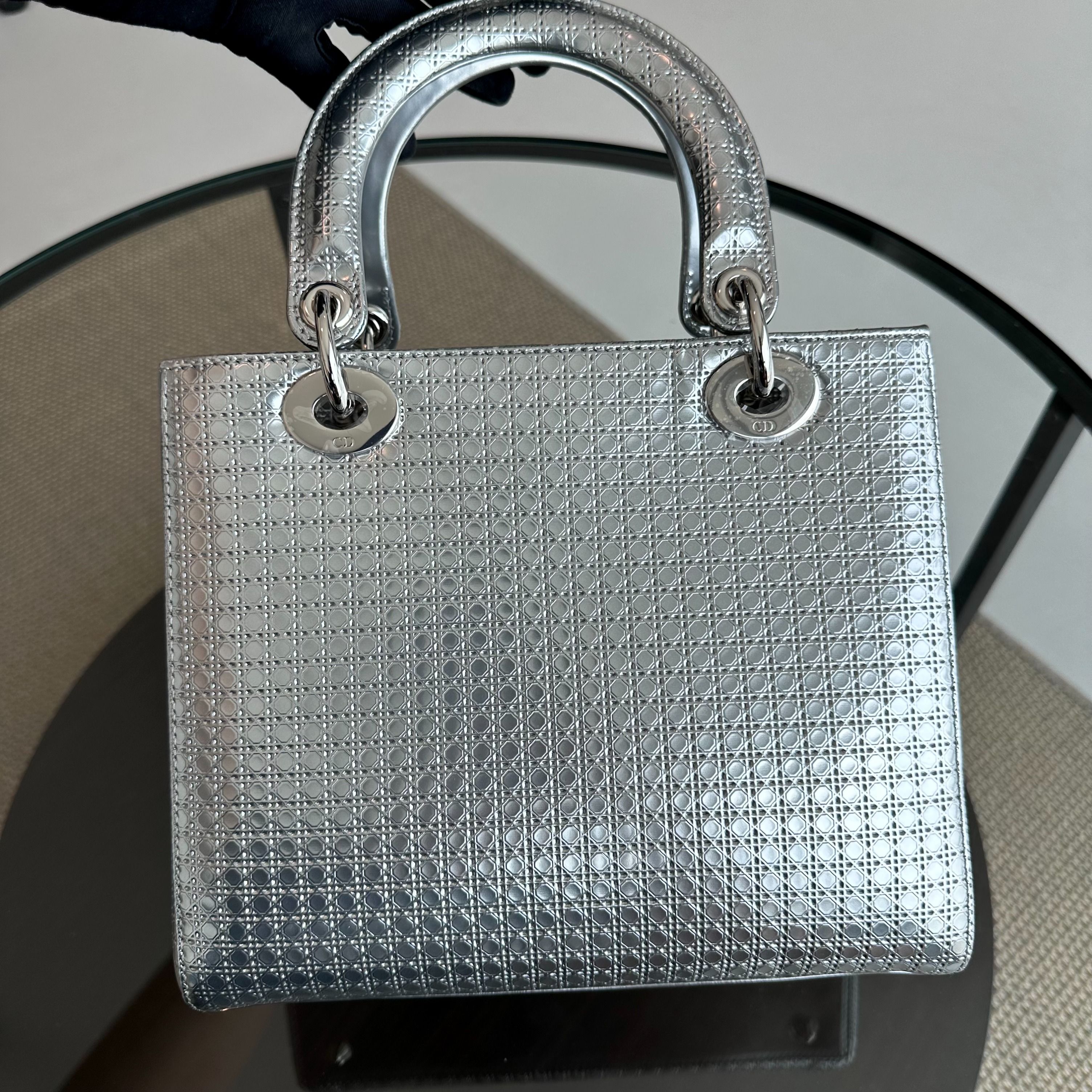 Dior Lady Medium Micro-Cannage Metallic Calfskin Limited Edition Silver SHW - Luxury Evermore