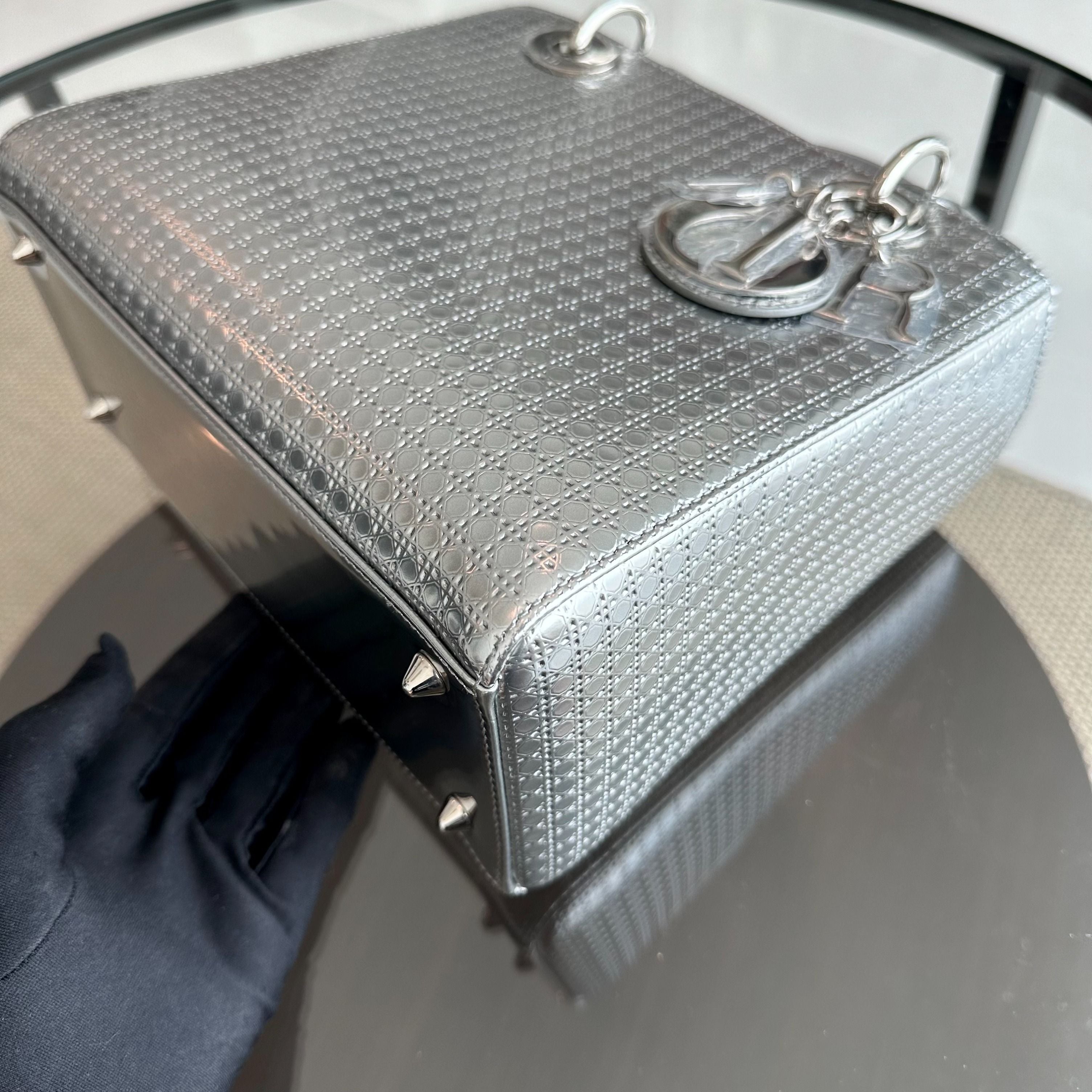 Dior Lady Medium Micro-Cannage Metallic Calfskin Limited Edition Silver SHW - Luxury Evermore