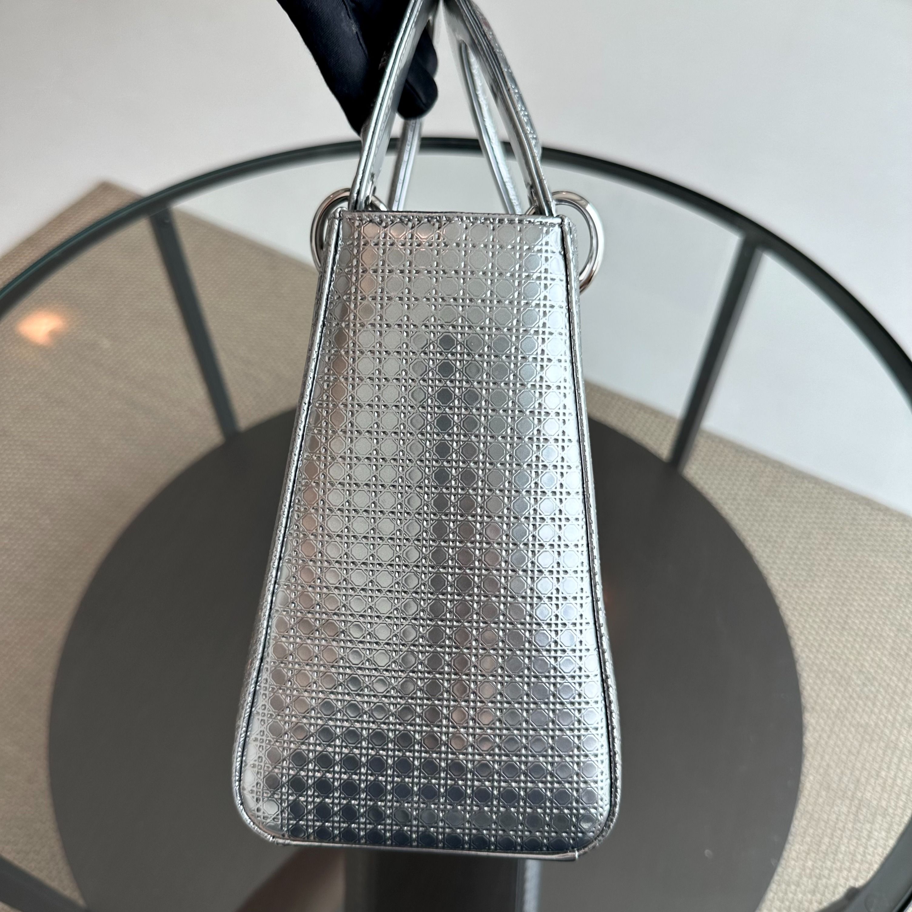 Dior Lady Medium Micro-Cannage Metallic Calfskin Limited Edition Silver SHW - Luxury Evermore