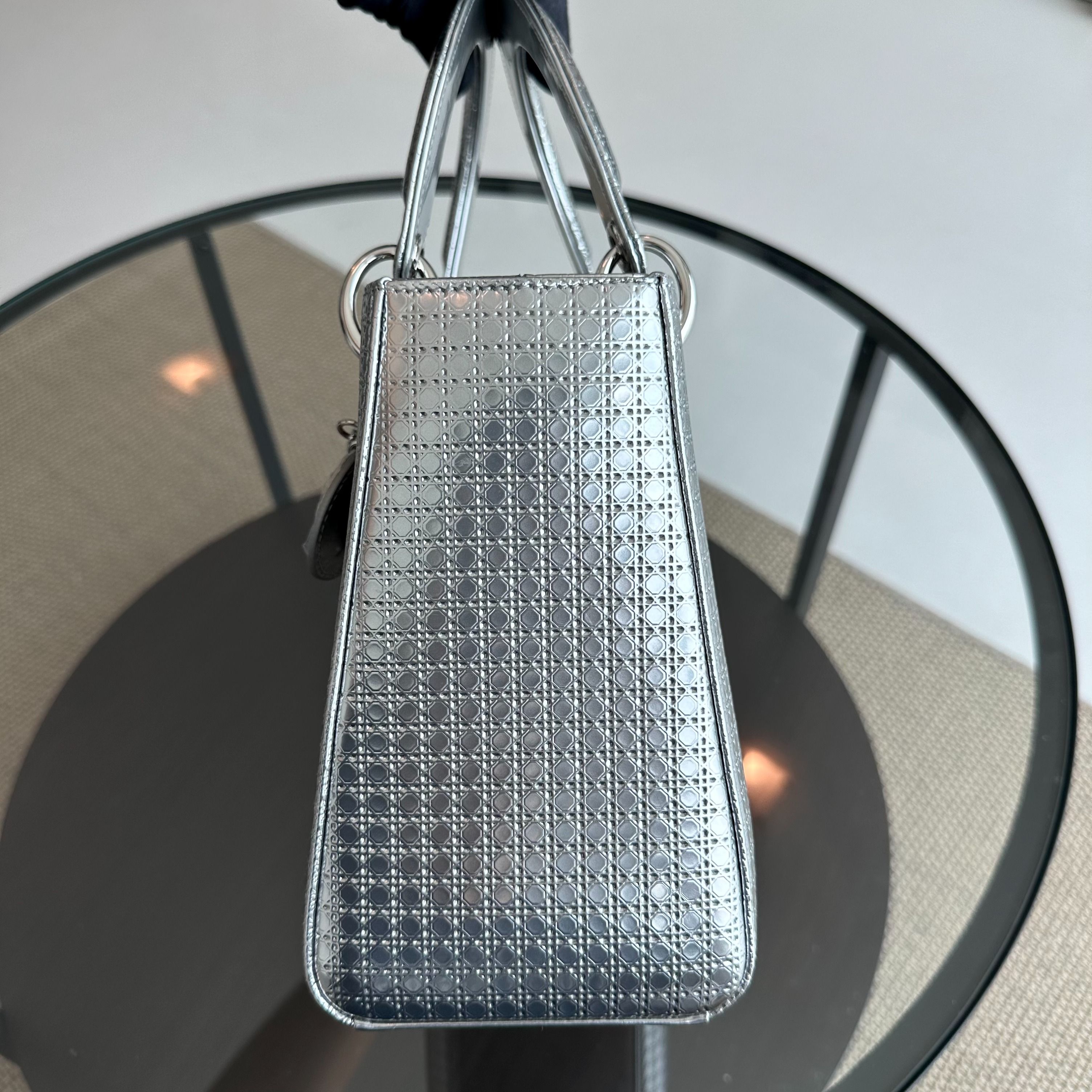 Dior Lady Medium Micro-Cannage Metallic Calfskin Limited Edition Silver SHW - Luxury Evermore