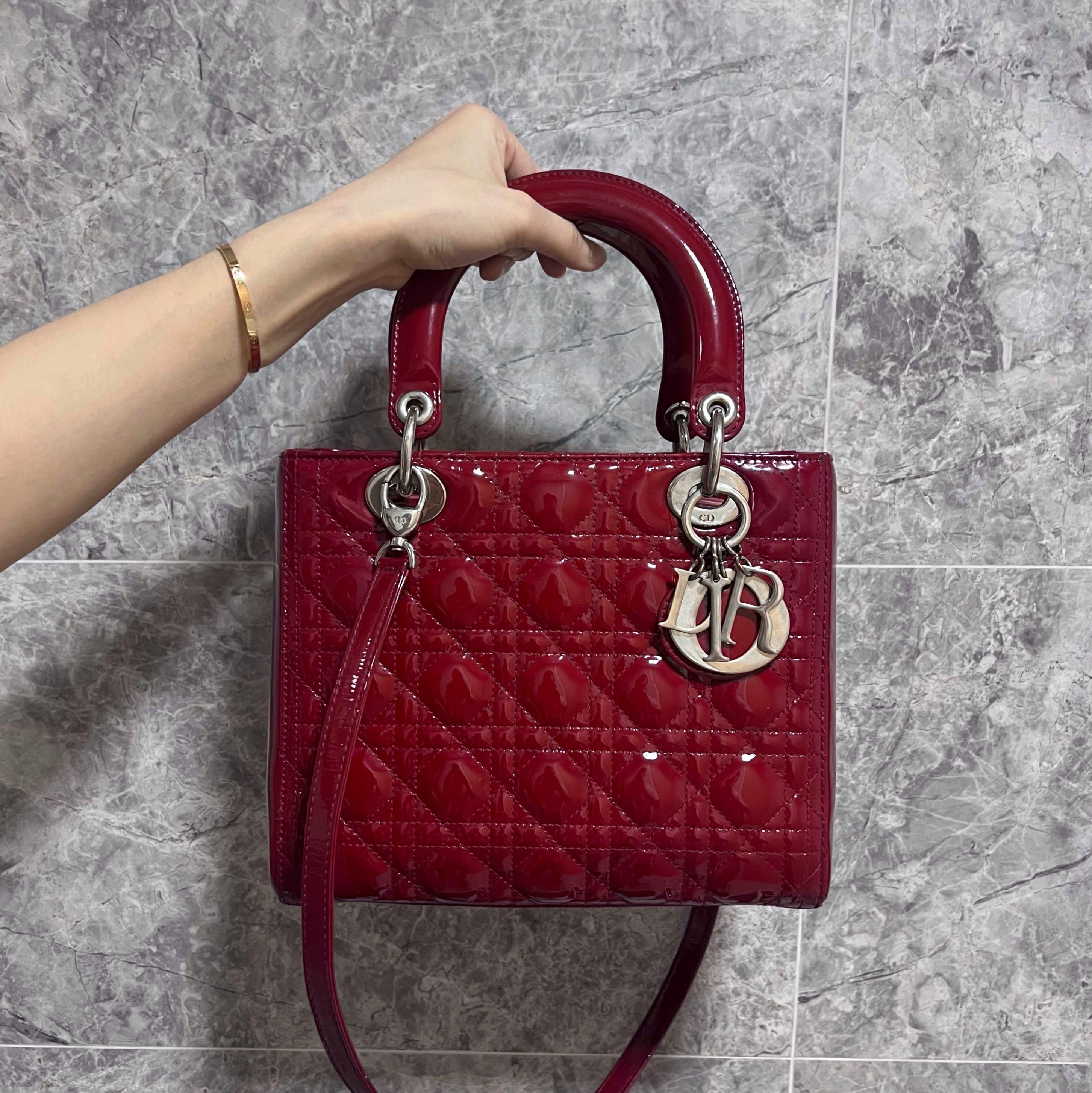 Dior Lady Medium Patent Leather Burgundy SHW - Luxury Evermore