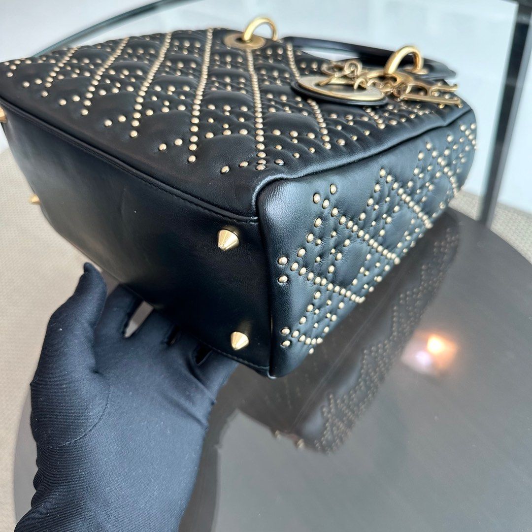 Dior Lady Medium Studded Soft Lambskin Black GHW - Luxury Evermore