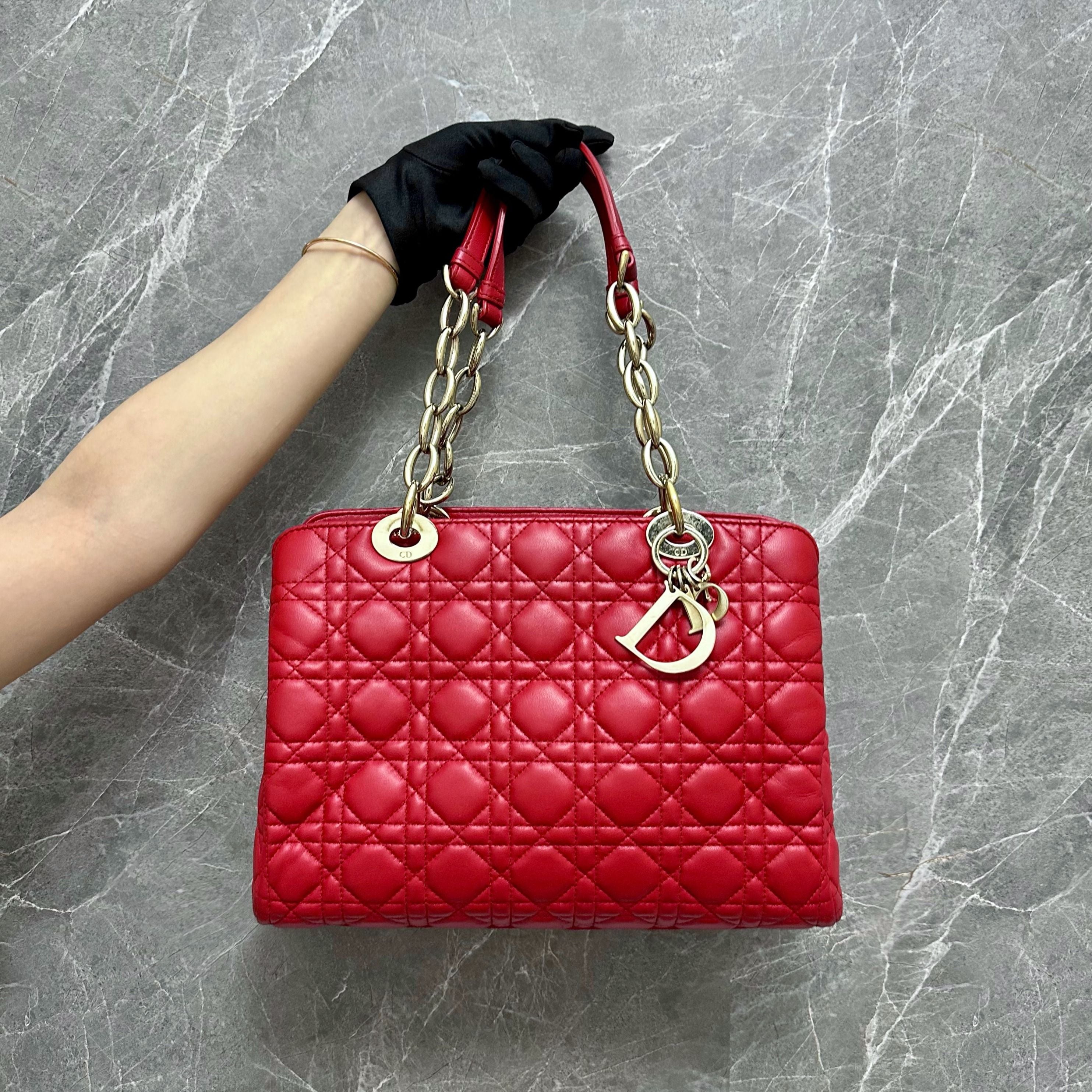 Dior Lady Medium Tote Lambskin Red GHW - Luxury Evermore