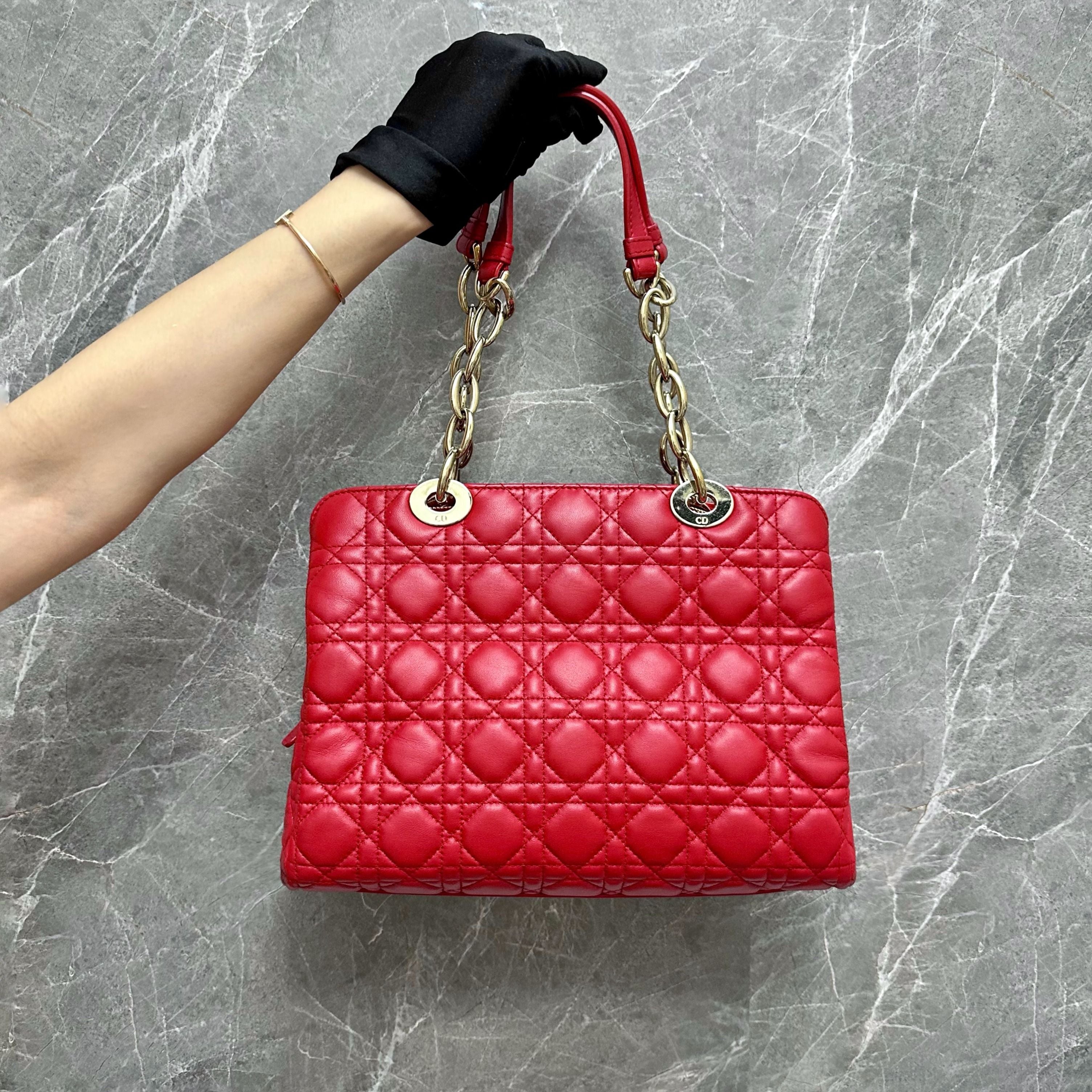 Dior Lady Medium Tote Lambskin Red GHW - Luxury Evermore