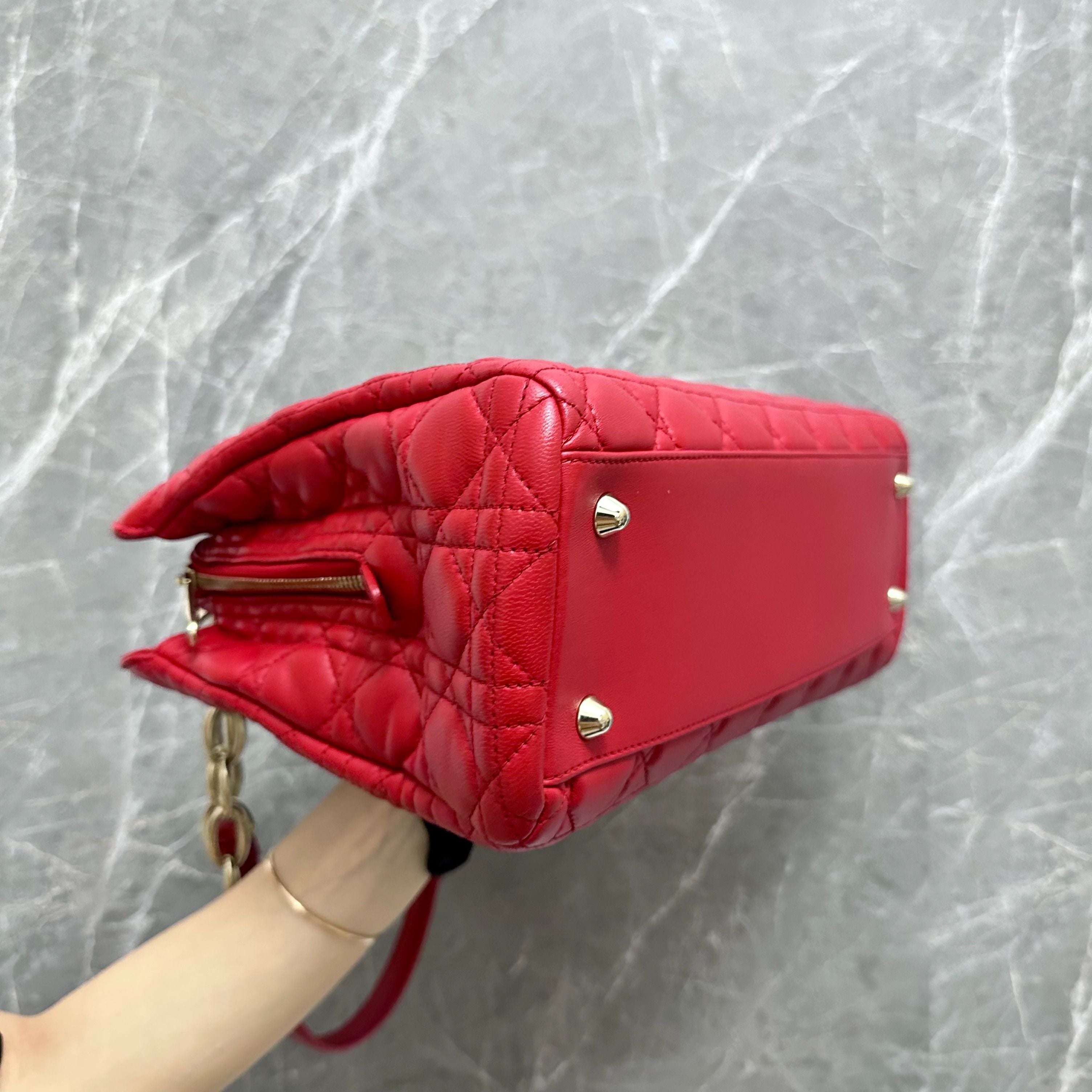 Dior Lady Medium Tote Lambskin Red GHW - Luxury Evermore