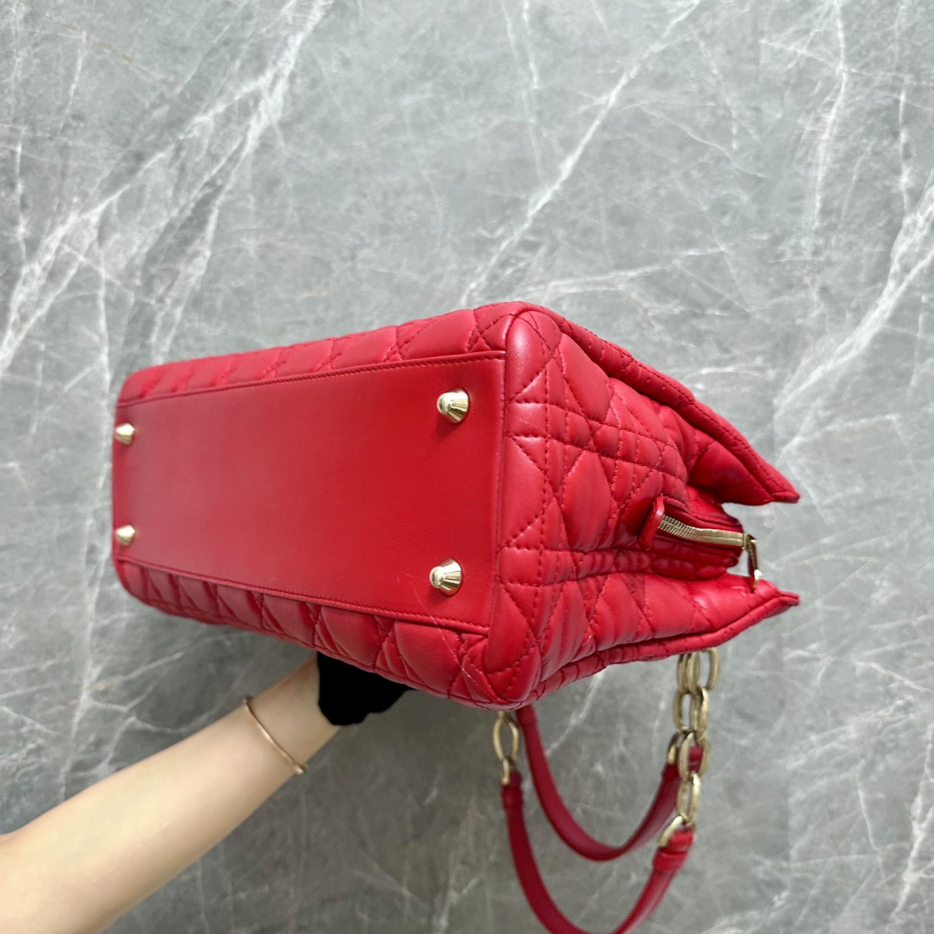 Dior Lady Medium Tote Lambskin Red GHW - Luxury Evermore