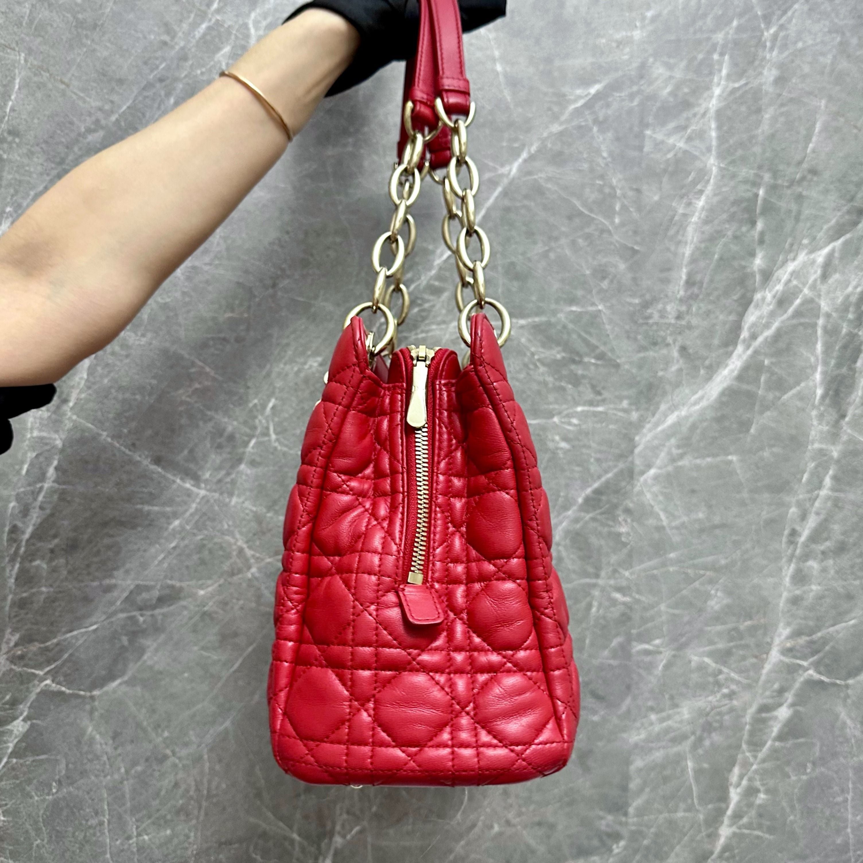 Dior Lady Medium Tote Lambskin Red GHW - Luxury Evermore