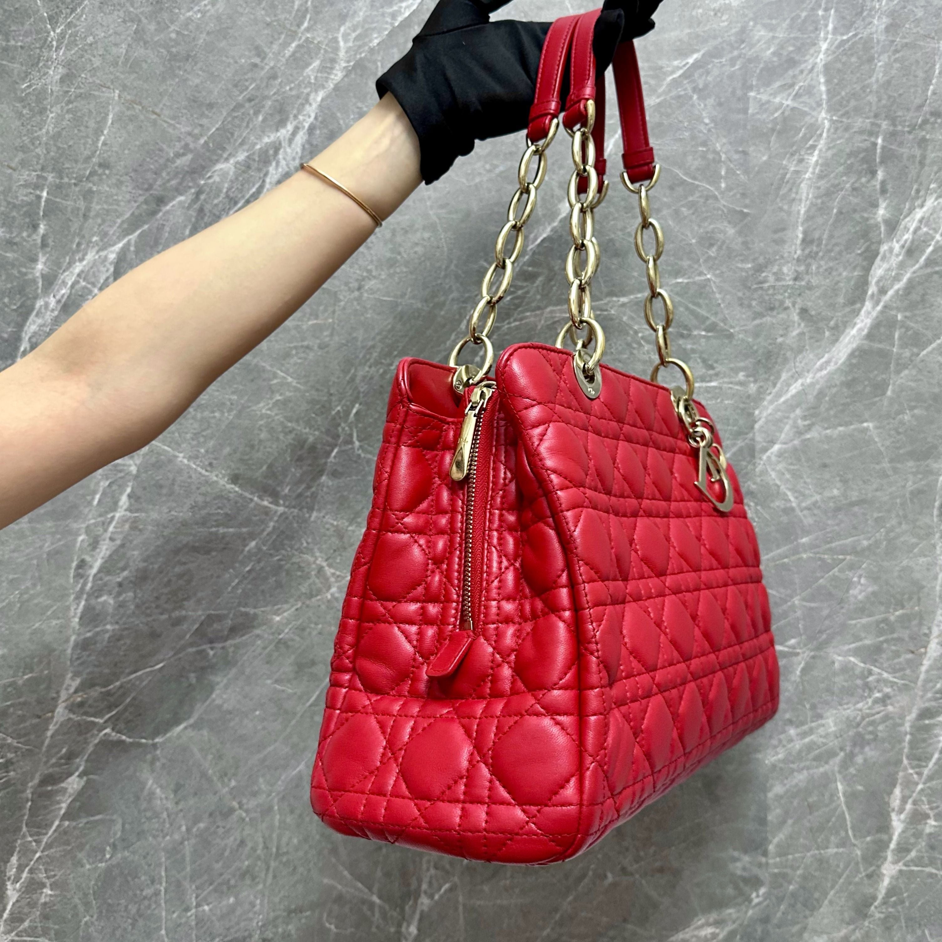 Dior Lady Medium Tote Lambskin Red GHW - Luxury Evermore