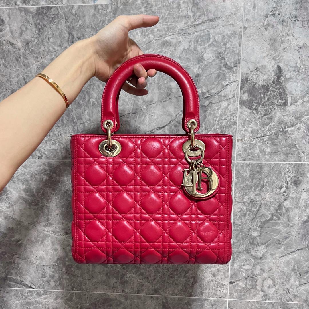 Dior Lady Meidum Lambskin Red with GHW - Luxury Evermore