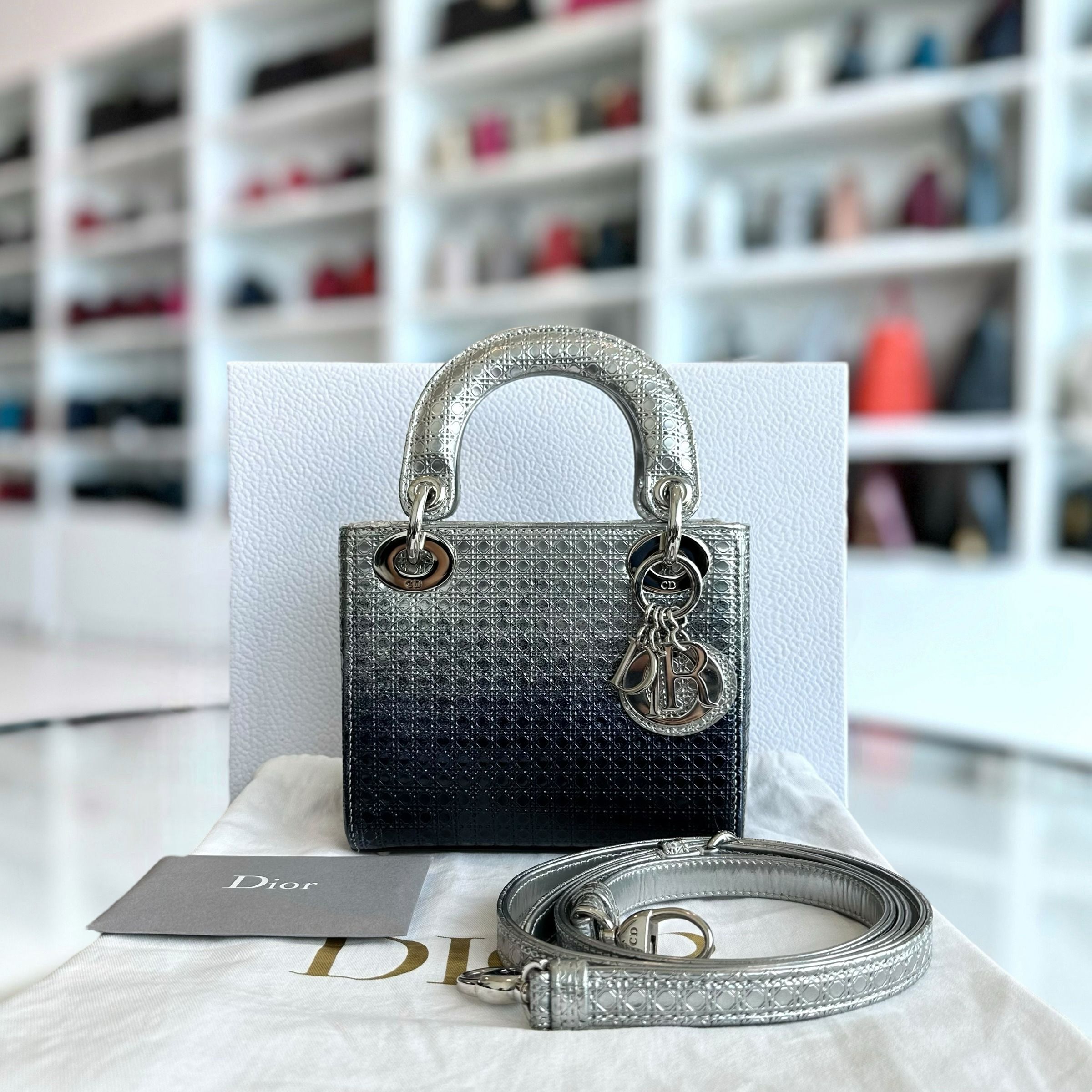 Dior Lady Mini Calfskin Micro-Cannage Metallic Silver Bi-Color Dark Blue SHW - Luxury Evermore
