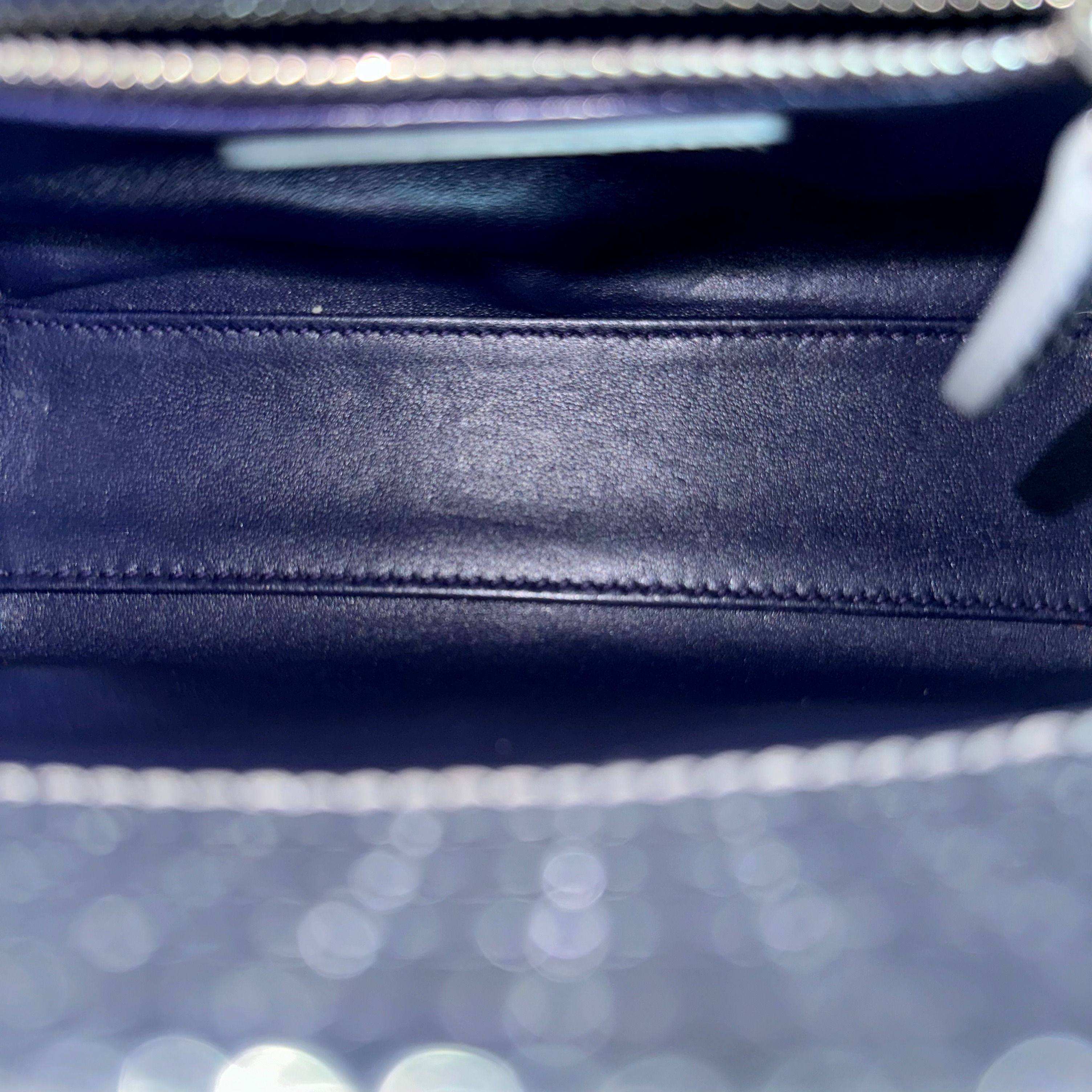 Dior Lady Mini Calfskin Micro-Cannage Metallic Silver Bi-Color Dark Blue SHW - Luxury Evermore