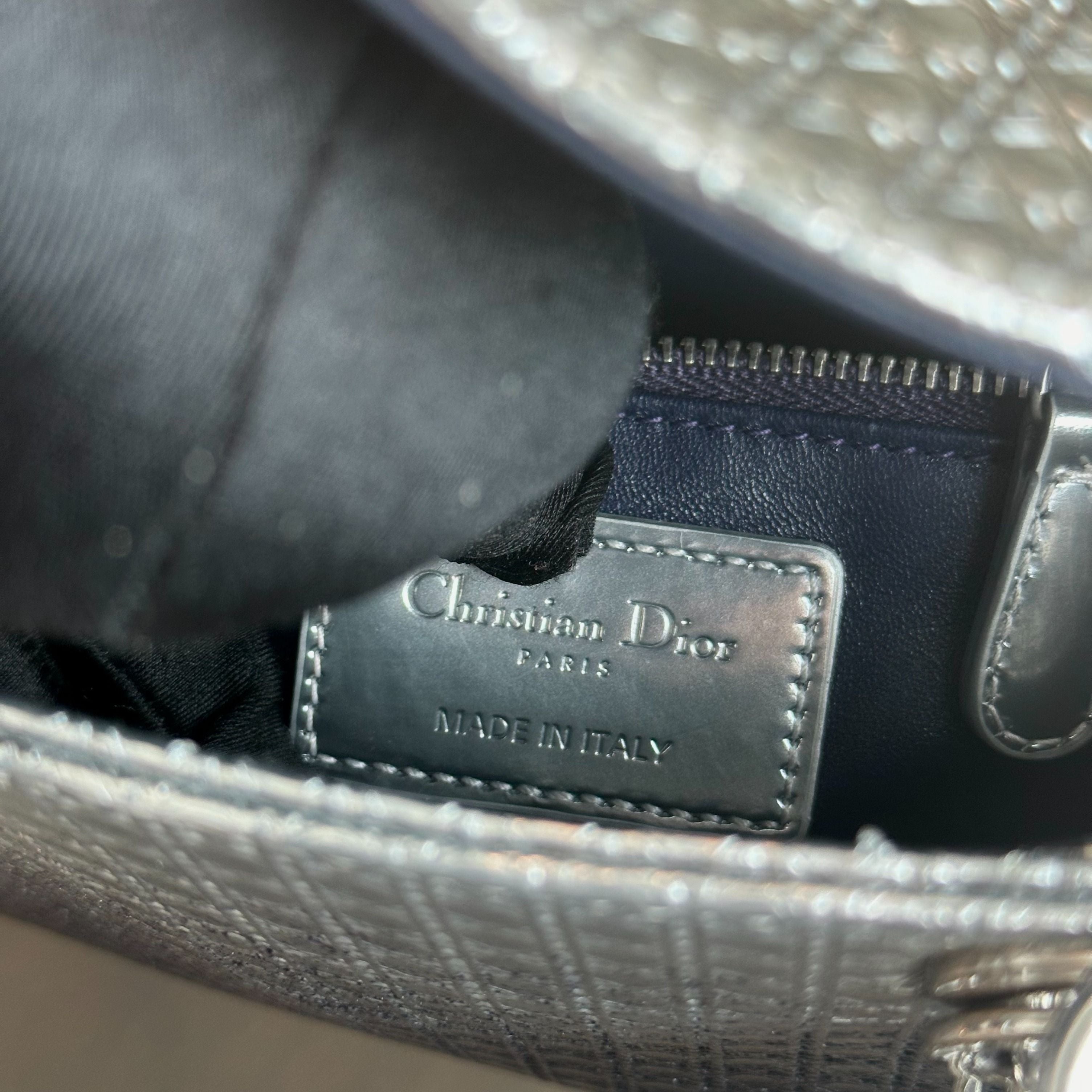 Dior Lady Mini Calfskin Micro-Cannage Metallic Silver Bi-Color Dark Blue SHW - Luxury Evermore