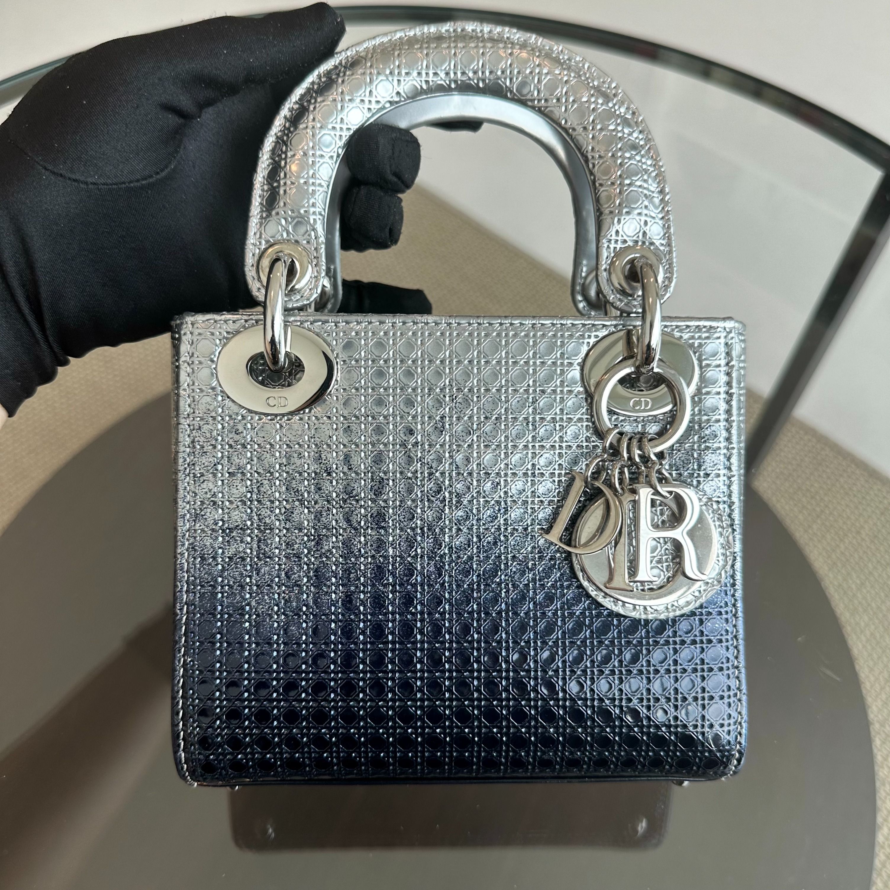 Dior Lady Mini Calfskin Micro-Cannage Metallic Silver Bi-Color Dark Blue SHW - Luxury Evermore