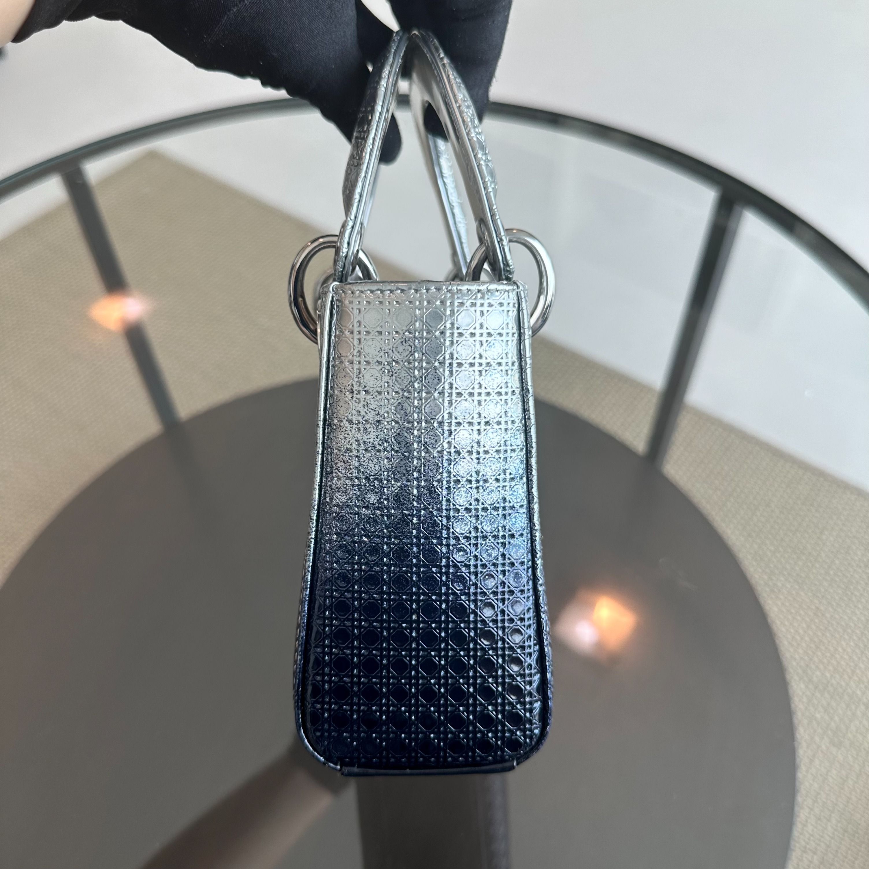 Dior Lady Mini Calfskin Micro-Cannage Metallic Silver Bi-Color Dark Blue SHW - Luxury Evermore