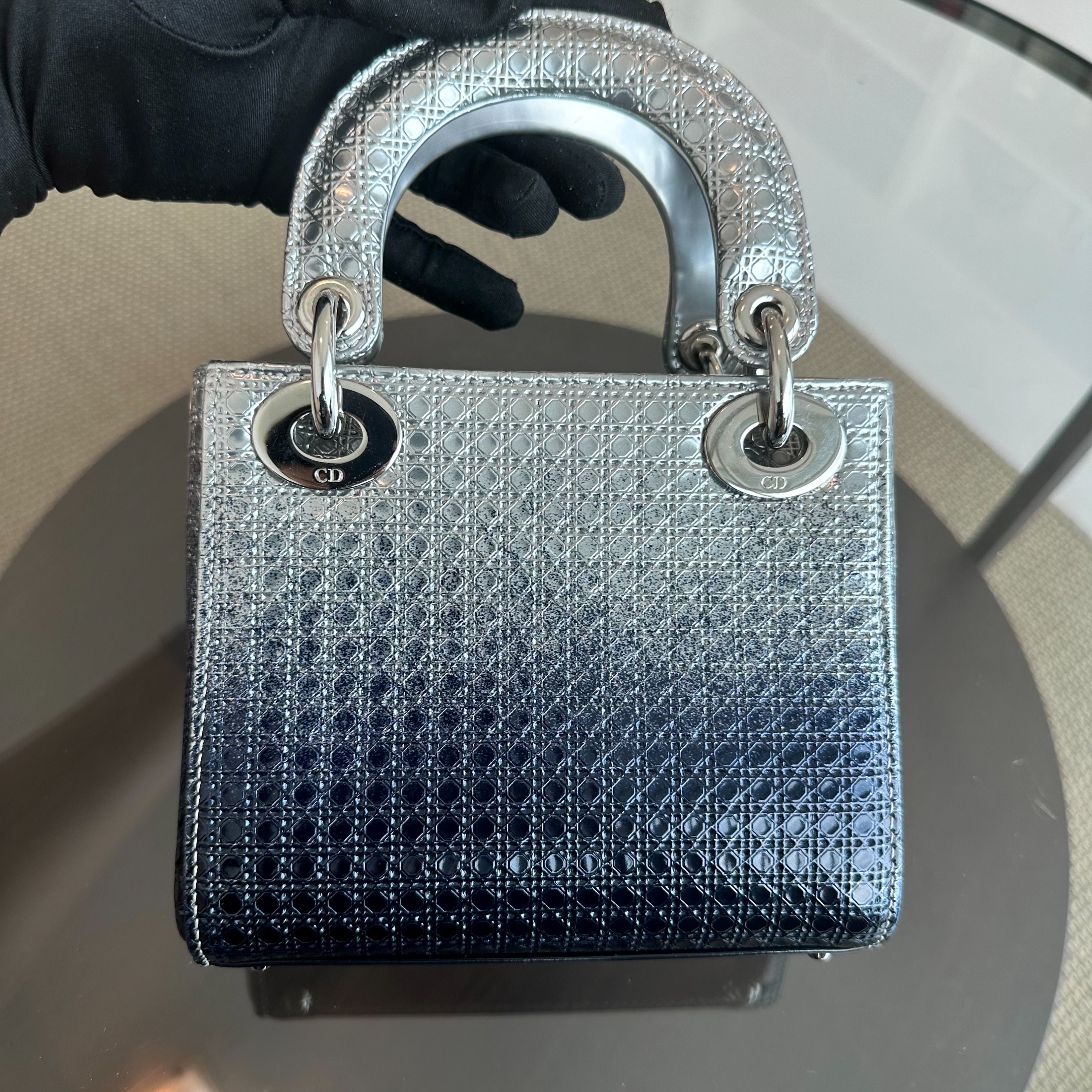 Dior Lady Mini Calfskin Micro-Cannage Metallic Silver Bi-Color Dark Blue SHW - Luxury Evermore