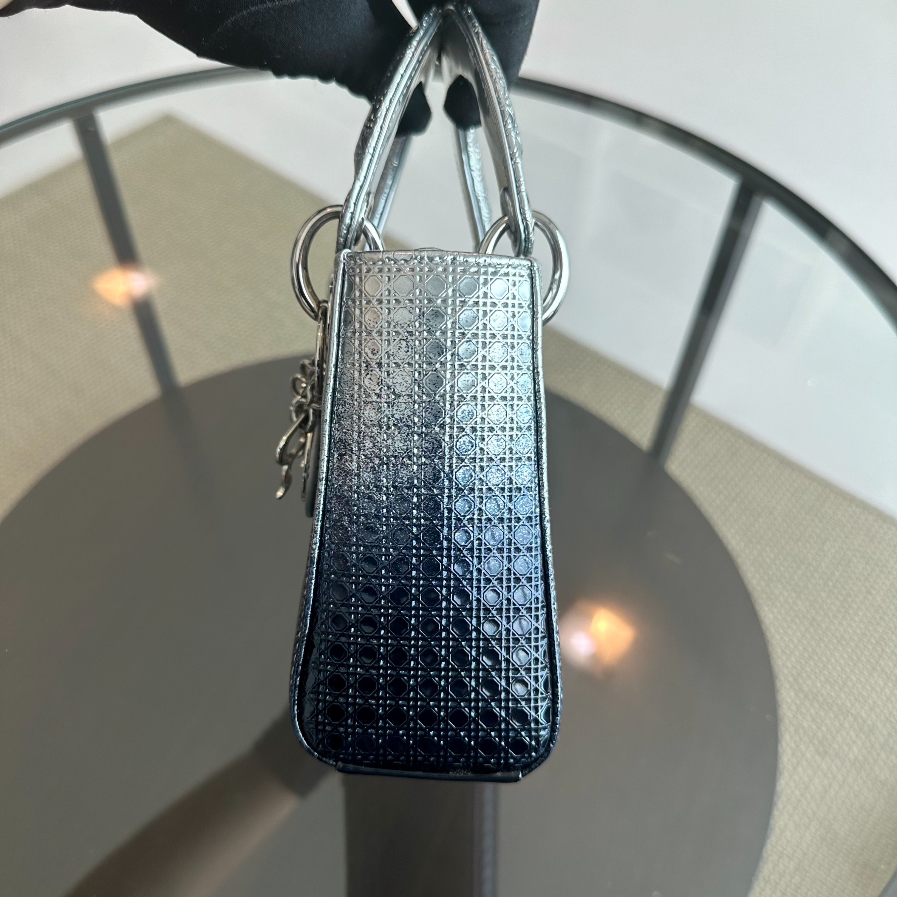 Dior Lady Mini Calfskin Micro-Cannage Metallic Silver Bi-Color Dark Blue SHW - Luxury Evermore