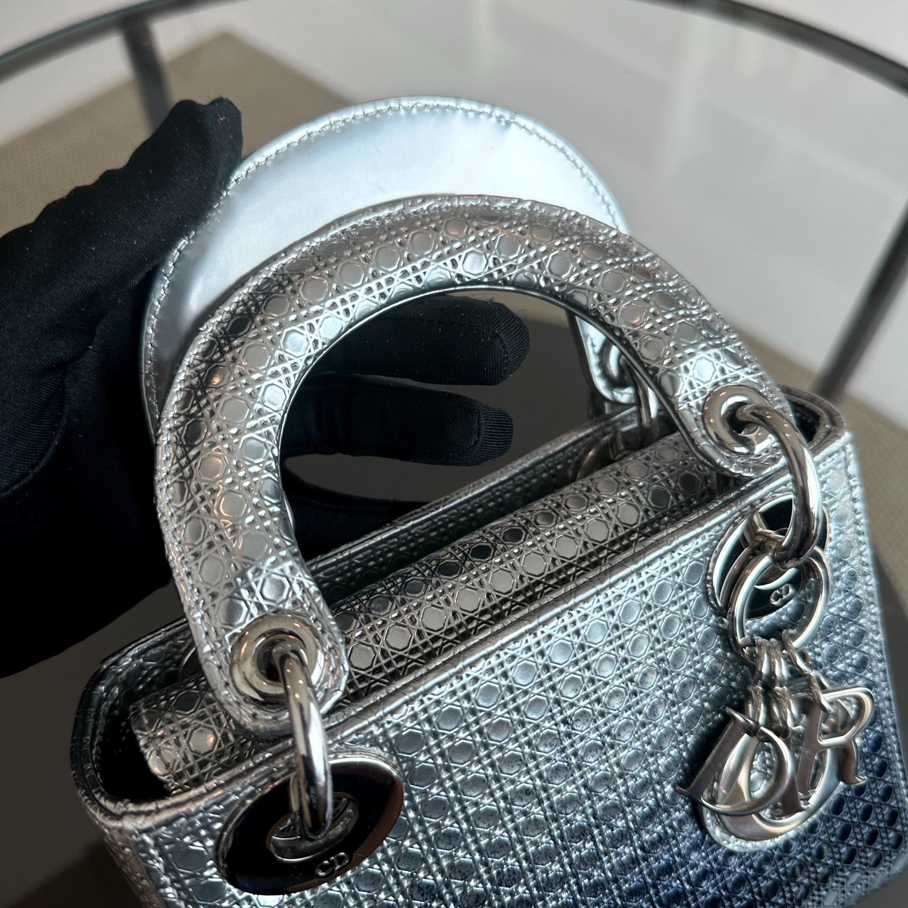 Dior Lady Mini Calfskin Micro-Cannage Metallic Silver Bi-Color Dark Blue SHW - Luxury Evermore