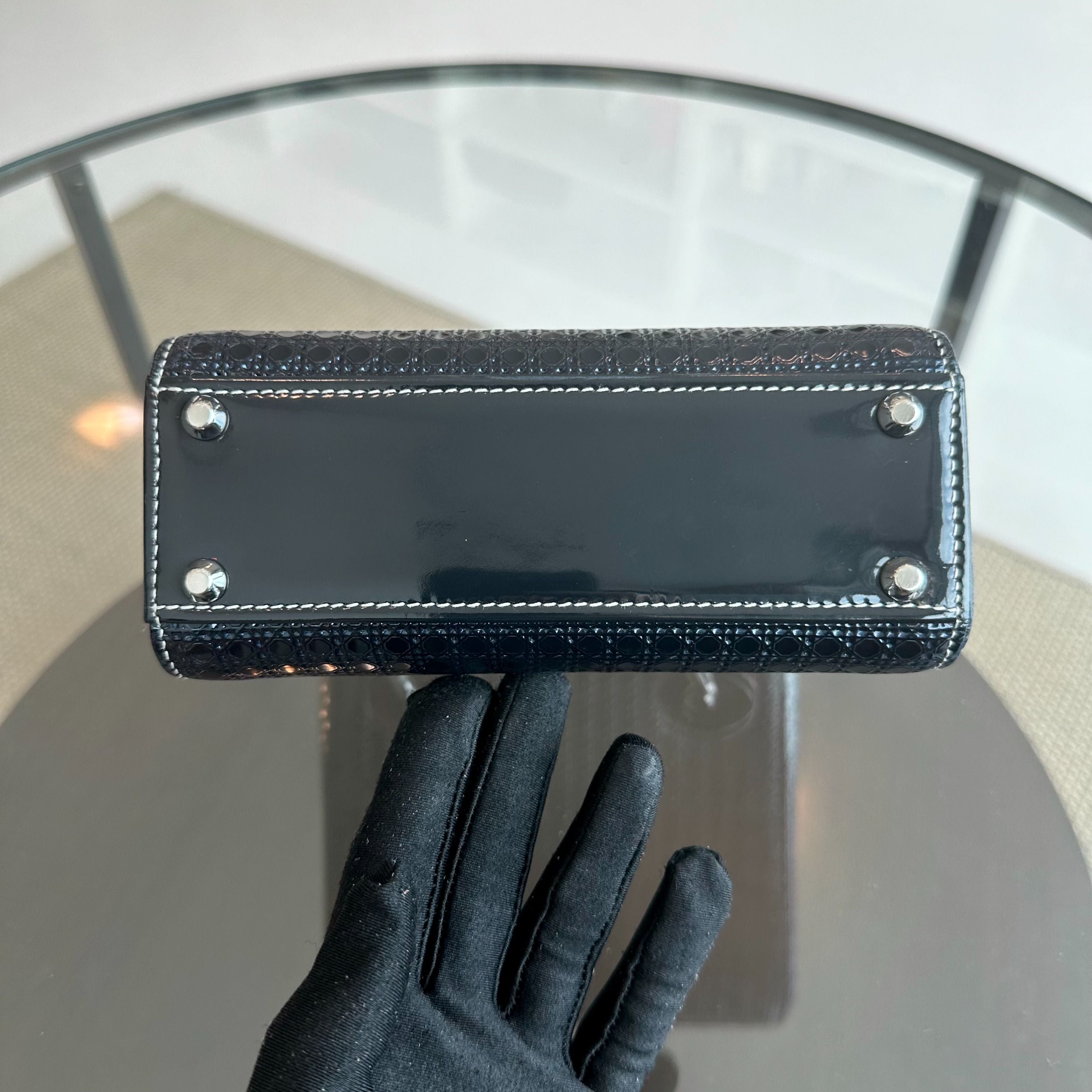 Dior Lady Mini Calfskin Micro-Cannage Metallic Silver Bi-Color Dark Blue SHW - Luxury Evermore