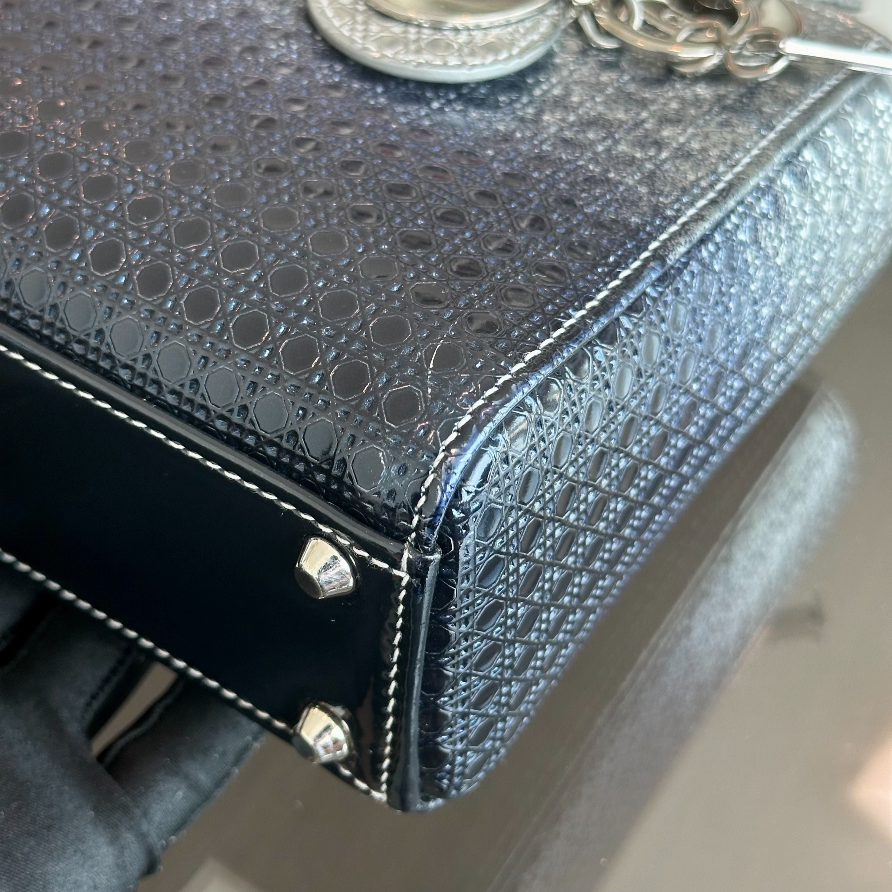 Dior Lady Mini Calfskin Micro-Cannage Metallic Silver Bi-Color Dark Blue SHW - Luxury Evermore