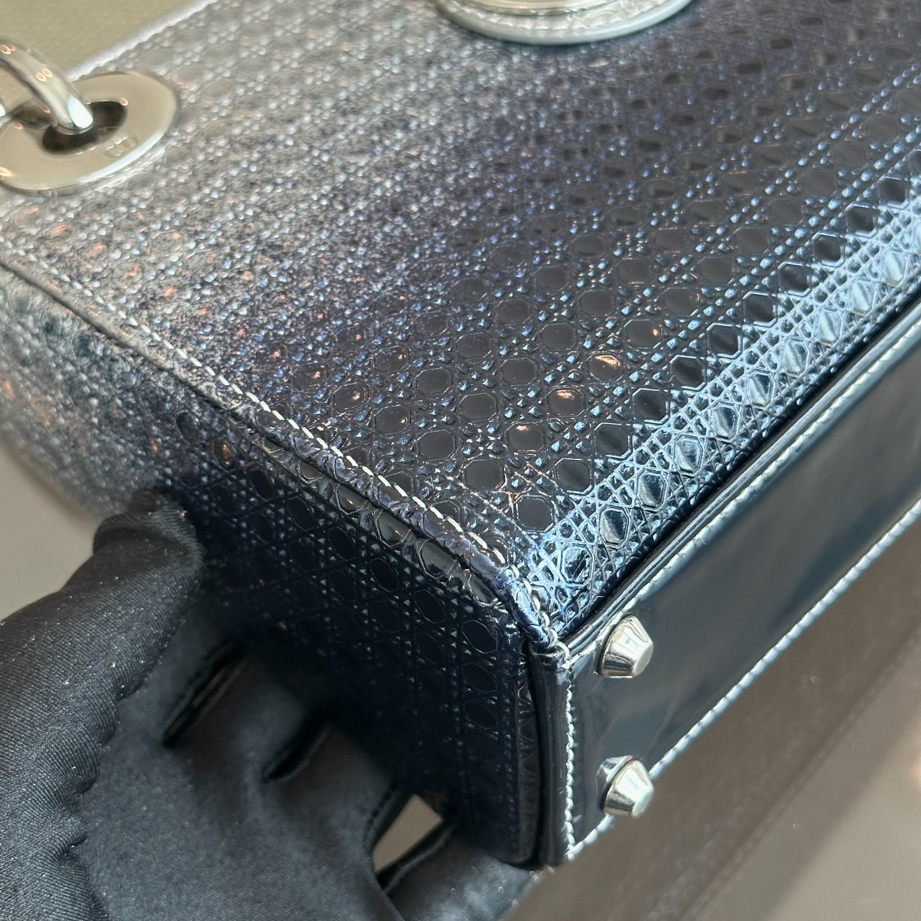 Dior Lady Mini Calfskin Micro-Cannage Metallic Silver Bi-Color Dark Blue SHW - Luxury Evermore