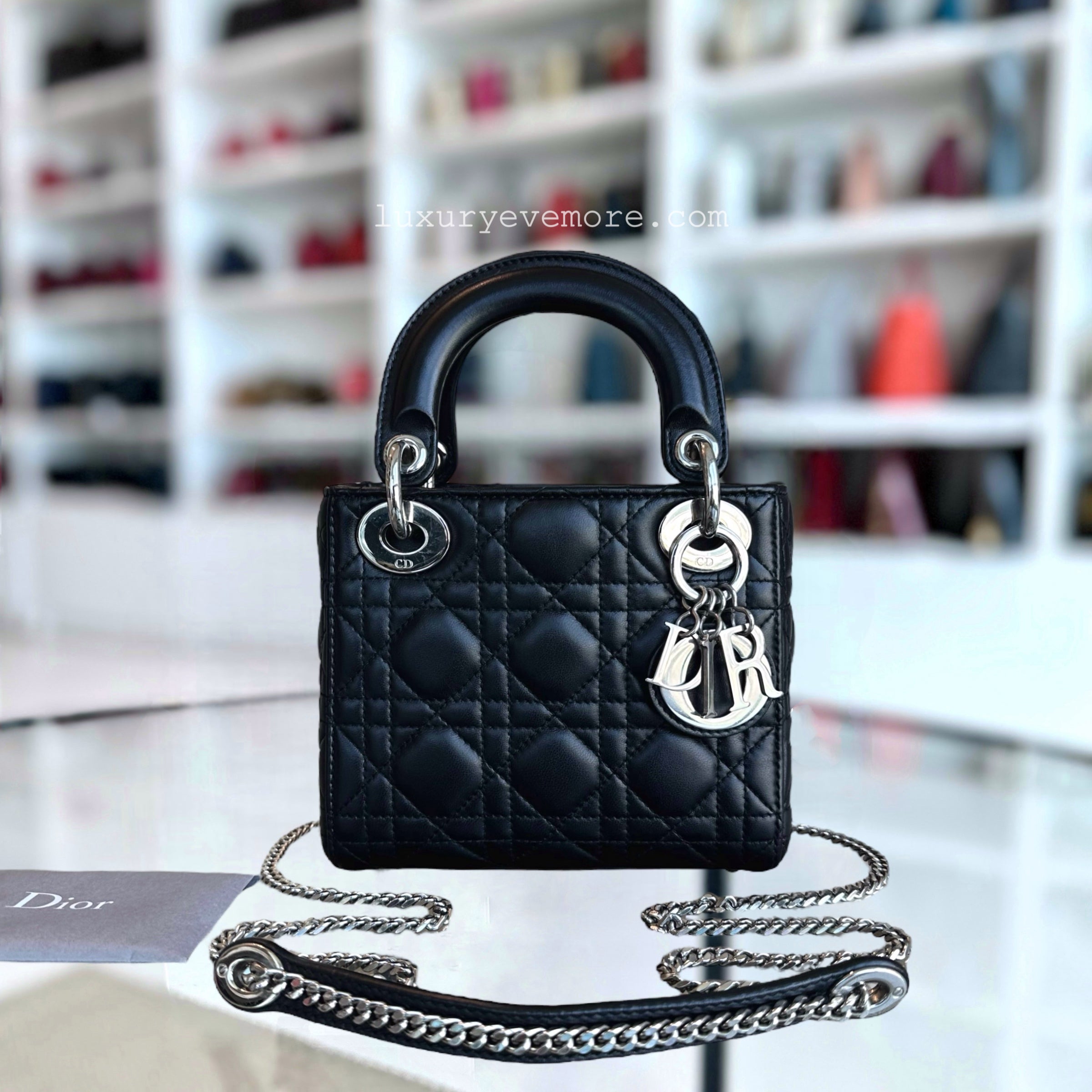 Dior Lady Mini Cannage Lambskin Black Silver Hardware Chain Version - Luxury Evermore