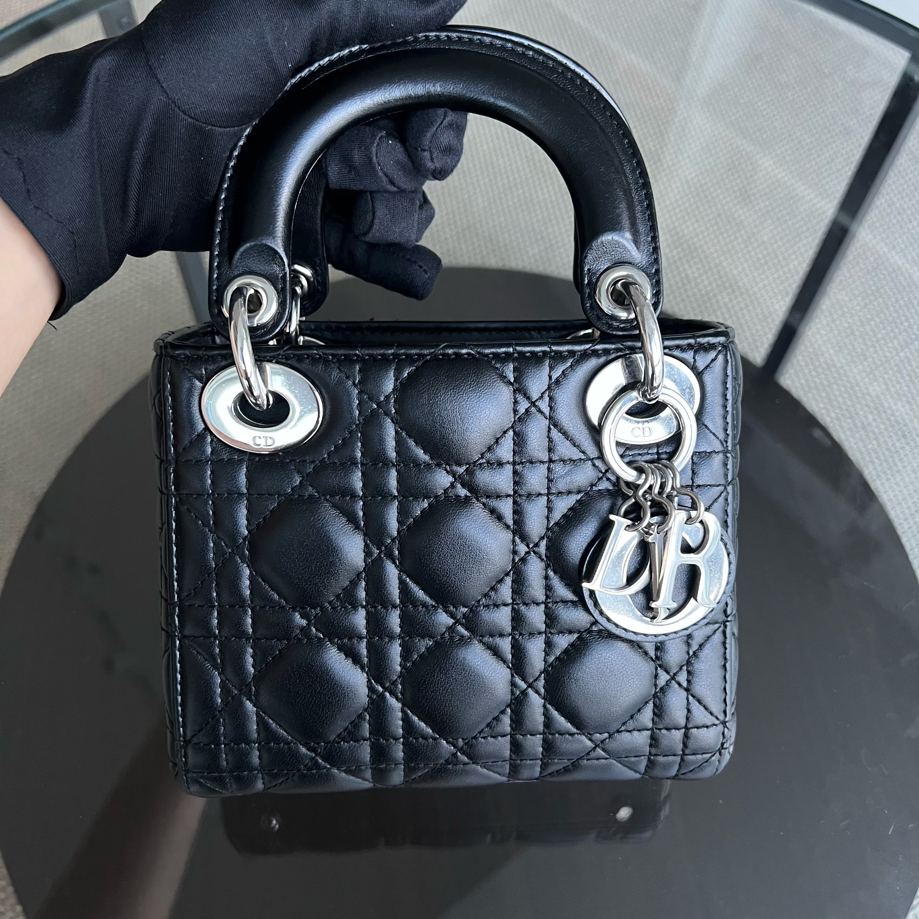 Dior Lady Mini Cannage Lambskin Black Silver Hardware Chain Version - Luxury Evermore