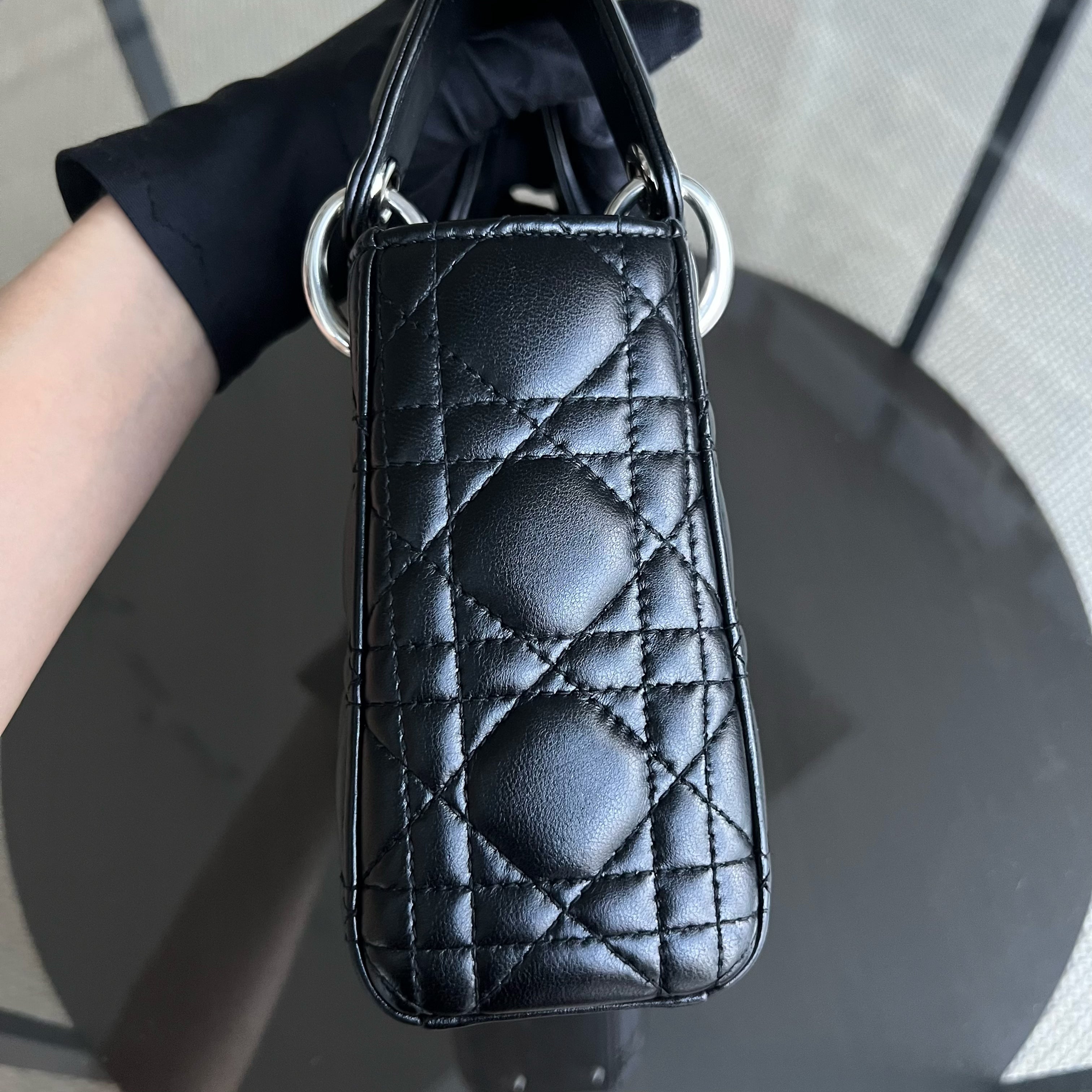 Dior Lady Mini Cannage Lambskin Black Silver Hardware Chain Version - Luxury Evermore