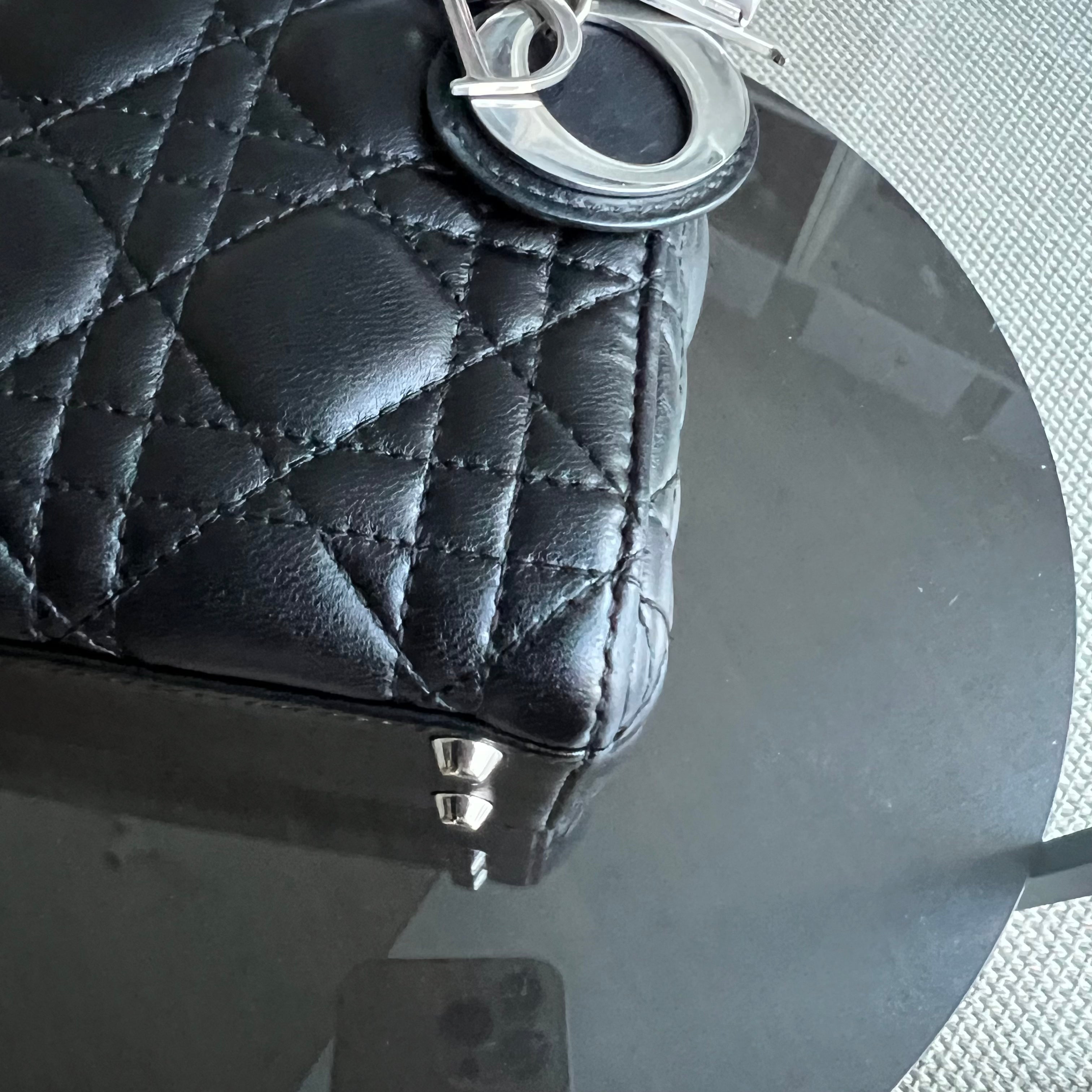 Dior Lady Mini Cannage Lambskin Black Silver Hardware Chain Version - Luxury Evermore