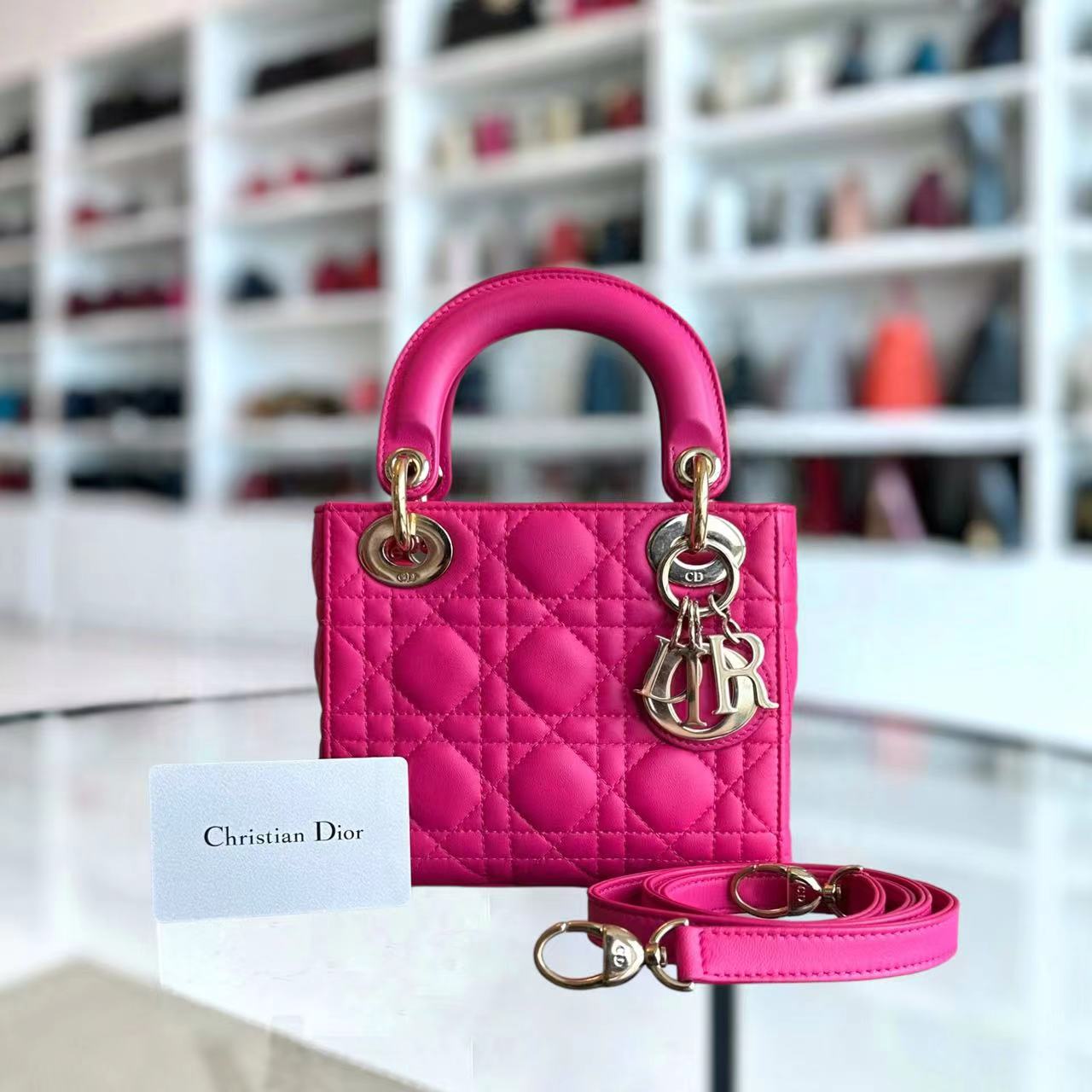 Dior Lady Mini Cannage Lambskin Hot Pink GHW - Luxury Evermore