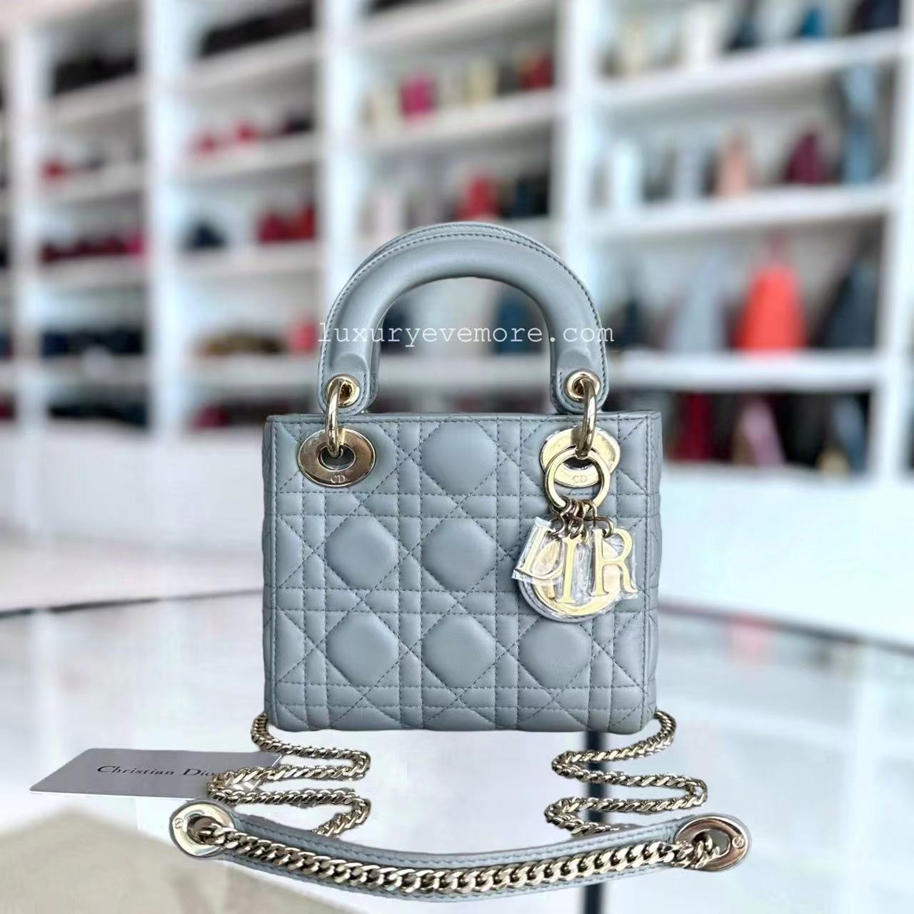 Dior Lady Mini Cannage Lambskin Light Grey Gray Golden Hardware Chain Version - Luxury Evermore