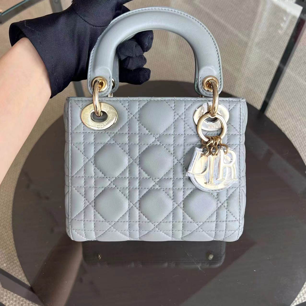 Dior Lady Mini Cannage Lambskin Light Grey Gray Golden Hardware Chain Version - Luxury Evermore