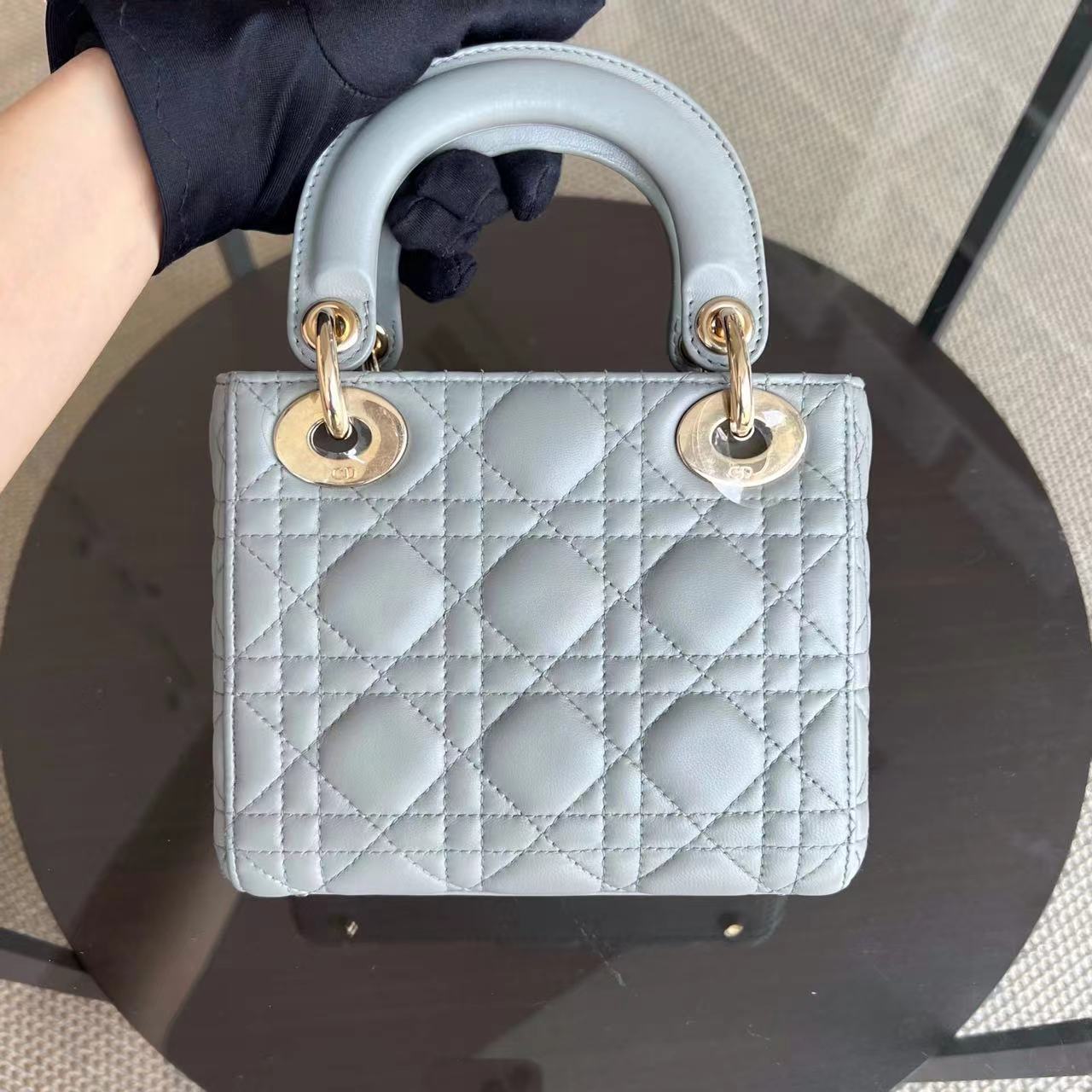 Dior Lady Mini Cannage Lambskin Light Grey Gray Golden Hardware Chain Version - Luxury Evermore