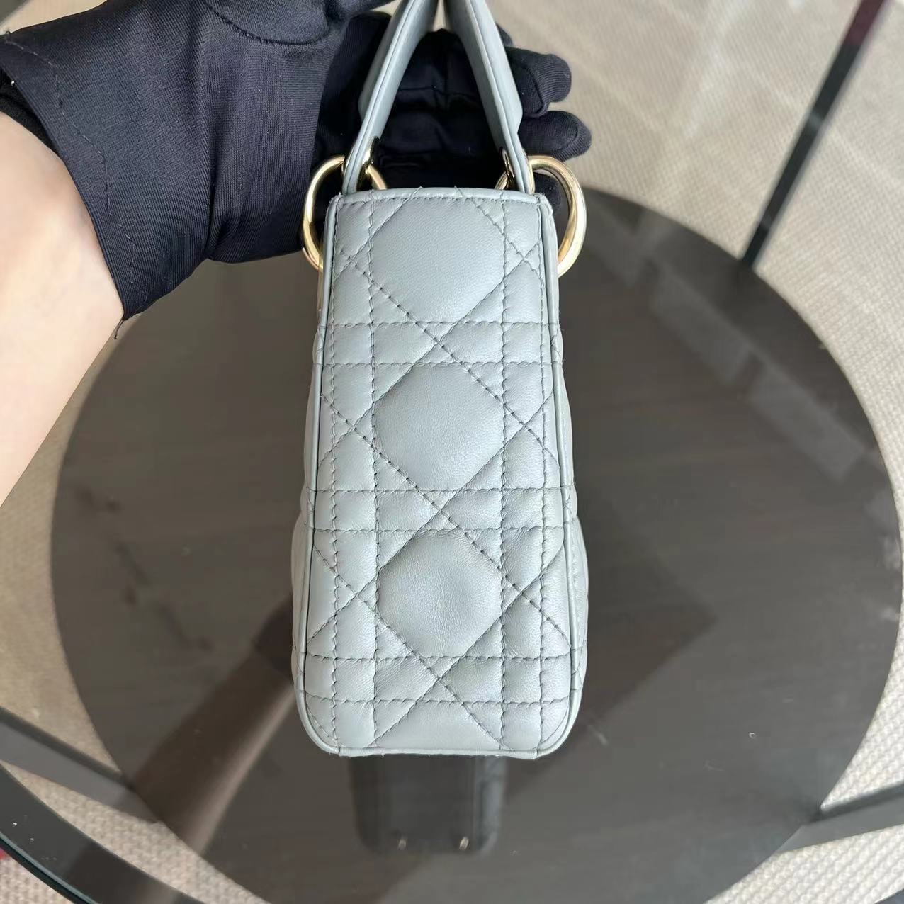 Dior Lady Mini Cannage Lambskin Light Grey Gray Golden Hardware Chain Version - Luxury Evermore