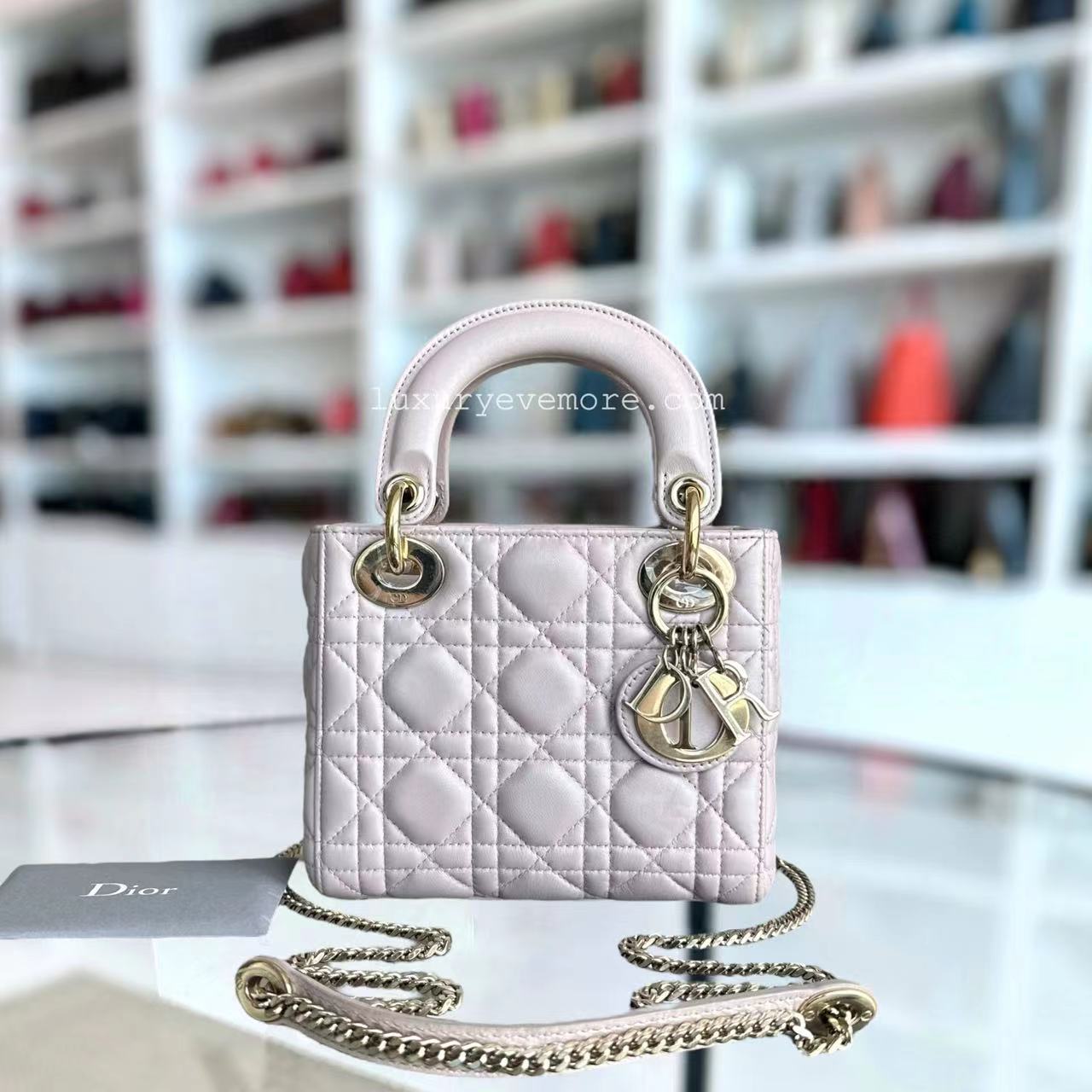 Dior Lady Mini Cannage Lambskin Light Sakura Pink Golden Hardware Chain Strap - Luxury Evermore