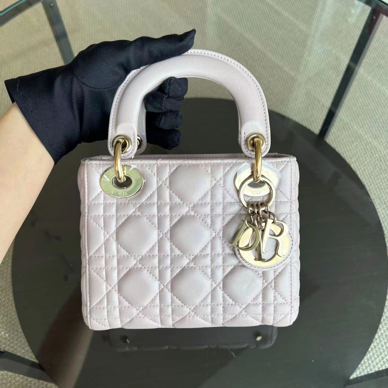 Dior Lady Mini Cannage Lambskin Light Sakura Pink Golden Hardware Chain Strap - Luxury Evermore