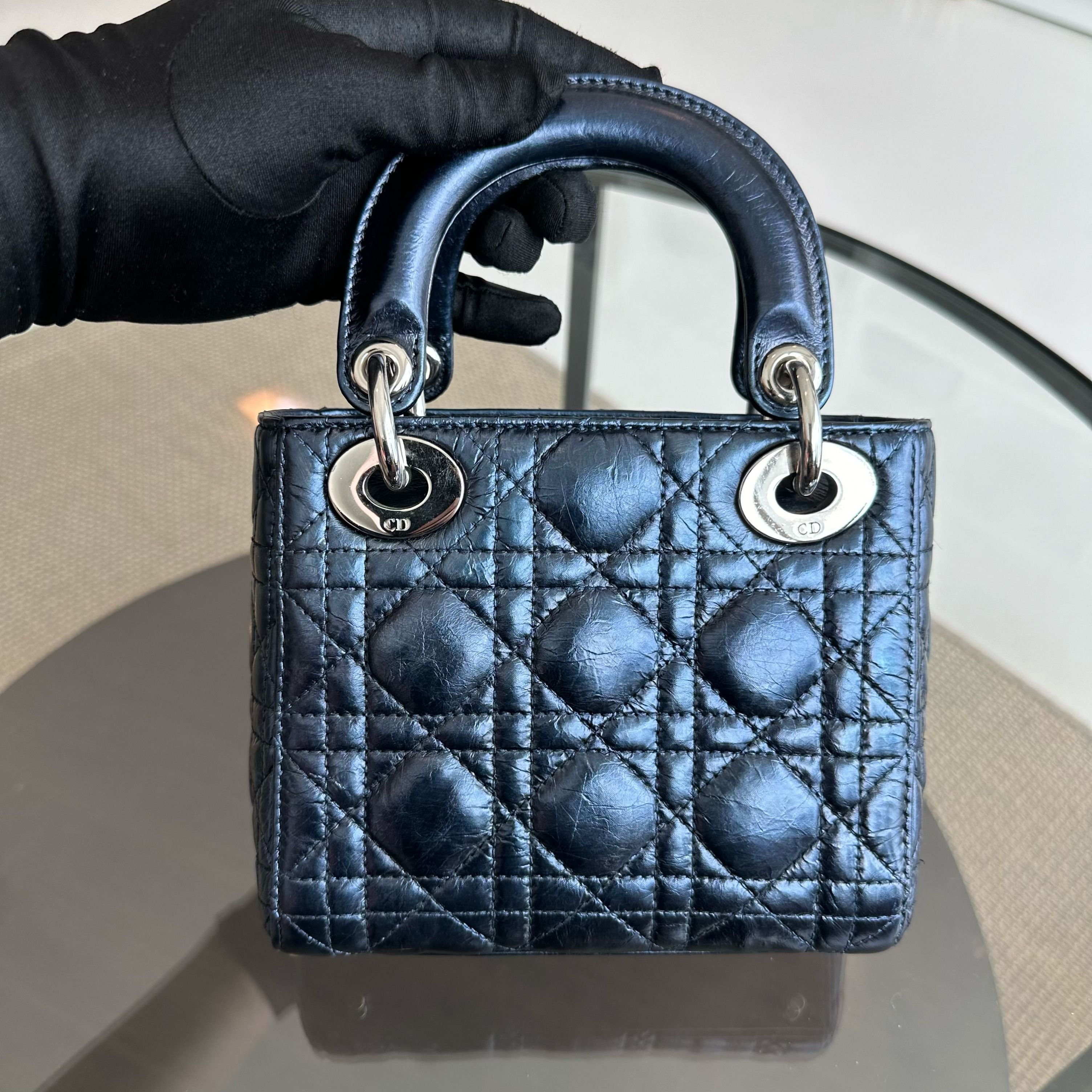 Dior Lady Mini Glazed Calfskin Iridescent Blue Chain Strap SHW - Luxury Evermore