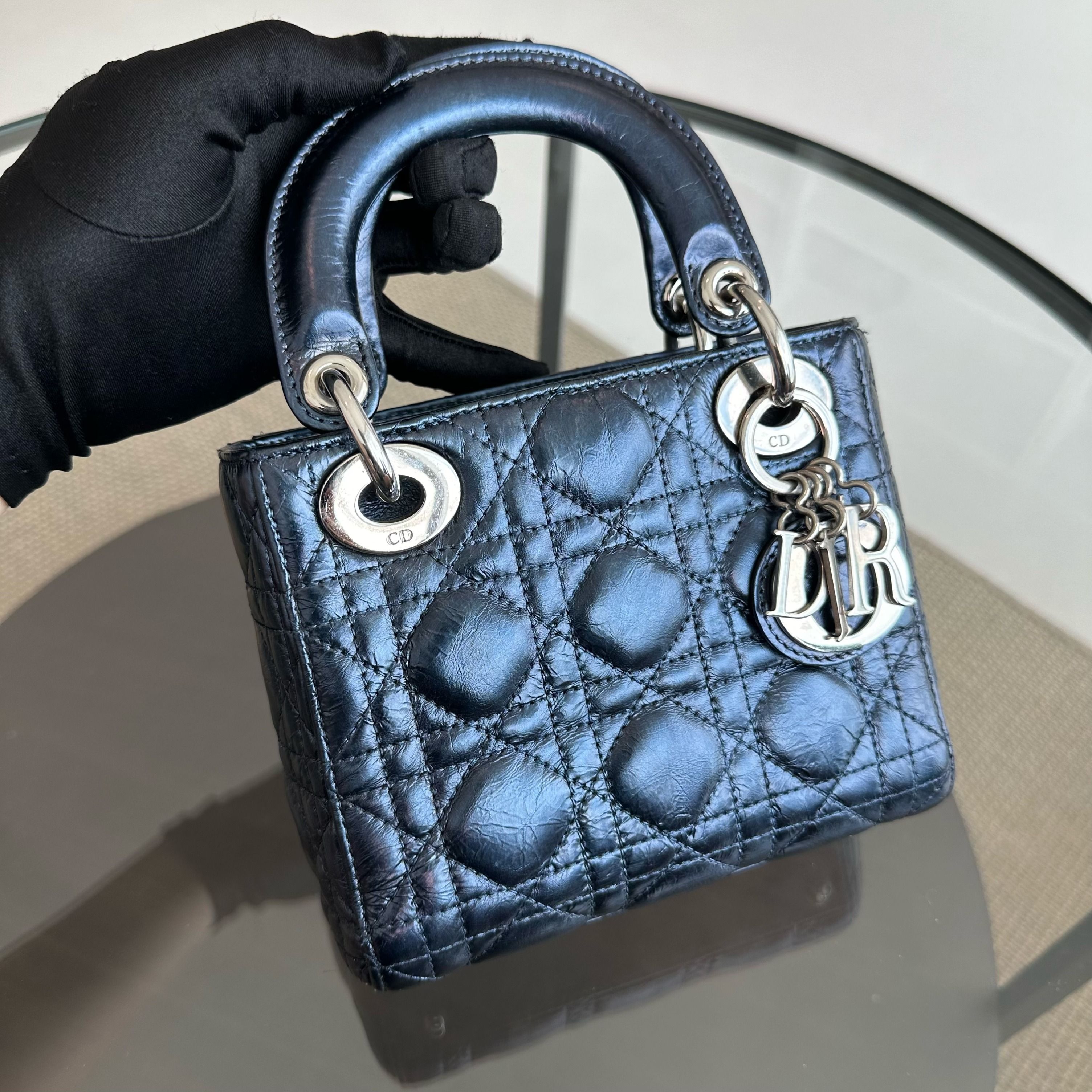 Dior Lady Mini Glazed Calfskin Iridescent Blue Chain Strap SHW - Luxury Evermore