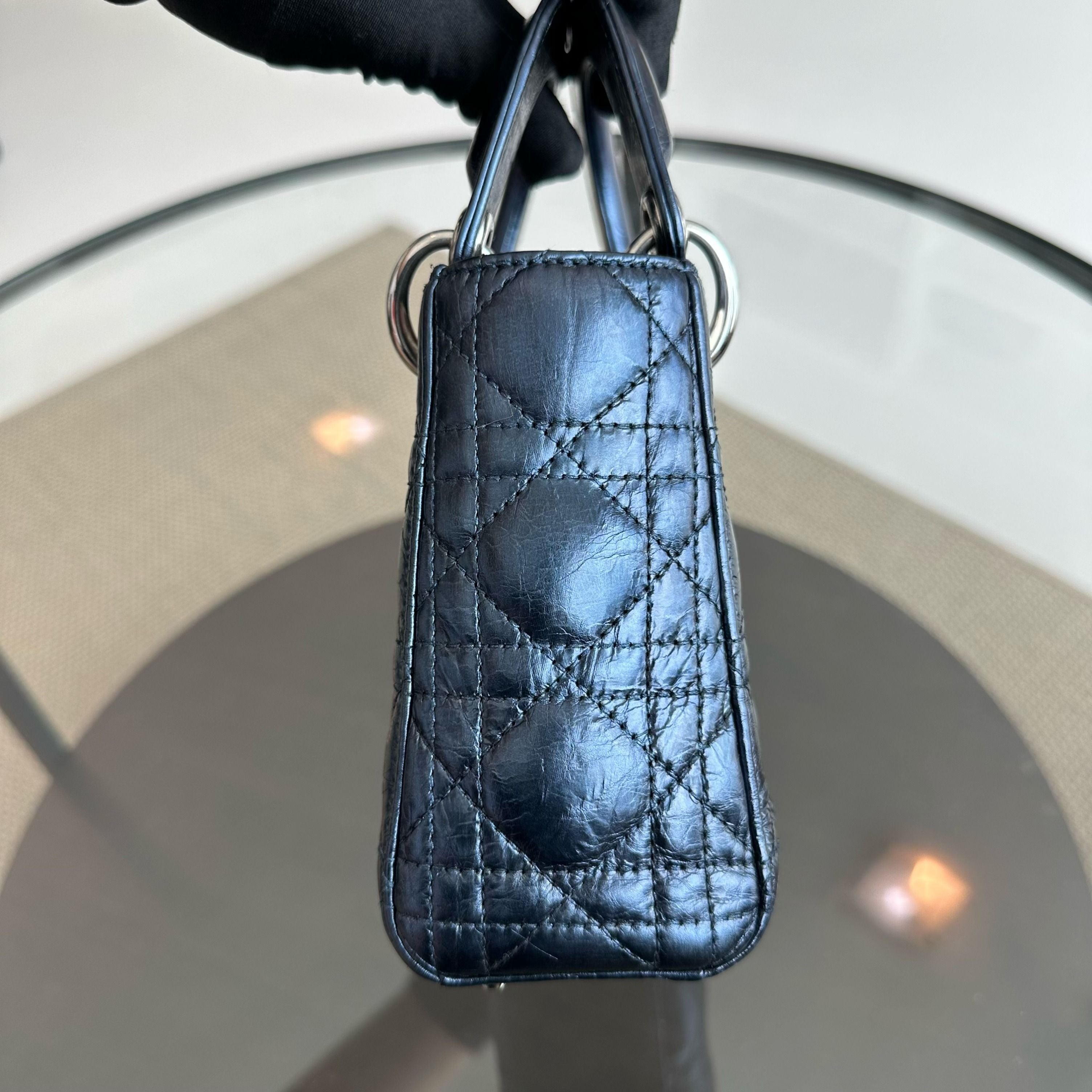 Dior Lady Mini Glazed Calfskin Iridescent Blue Chain Strap SHW - Luxury Evermore