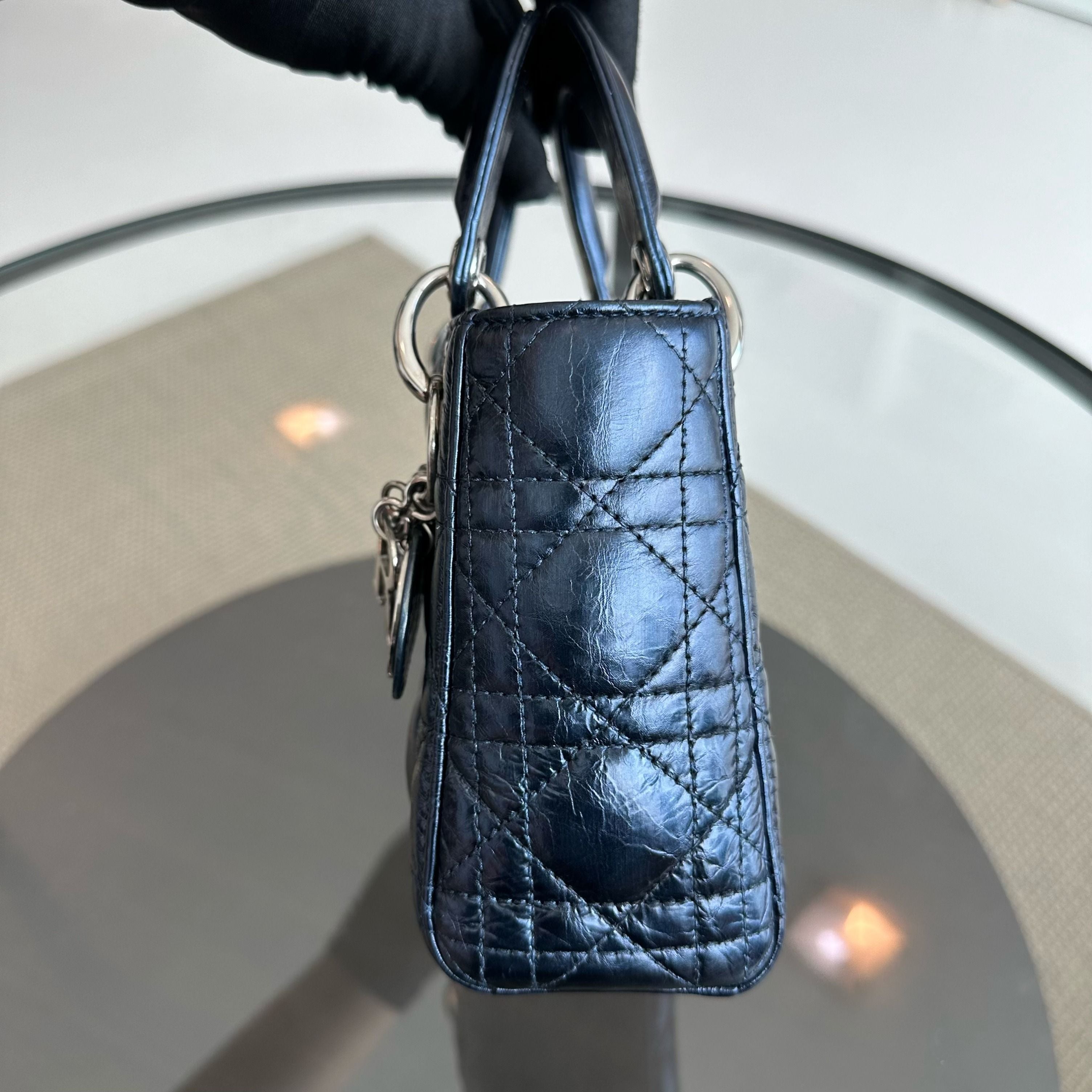 Dior Lady Mini Glazed Calfskin Iridescent Blue Chain Strap SHW - Luxury Evermore