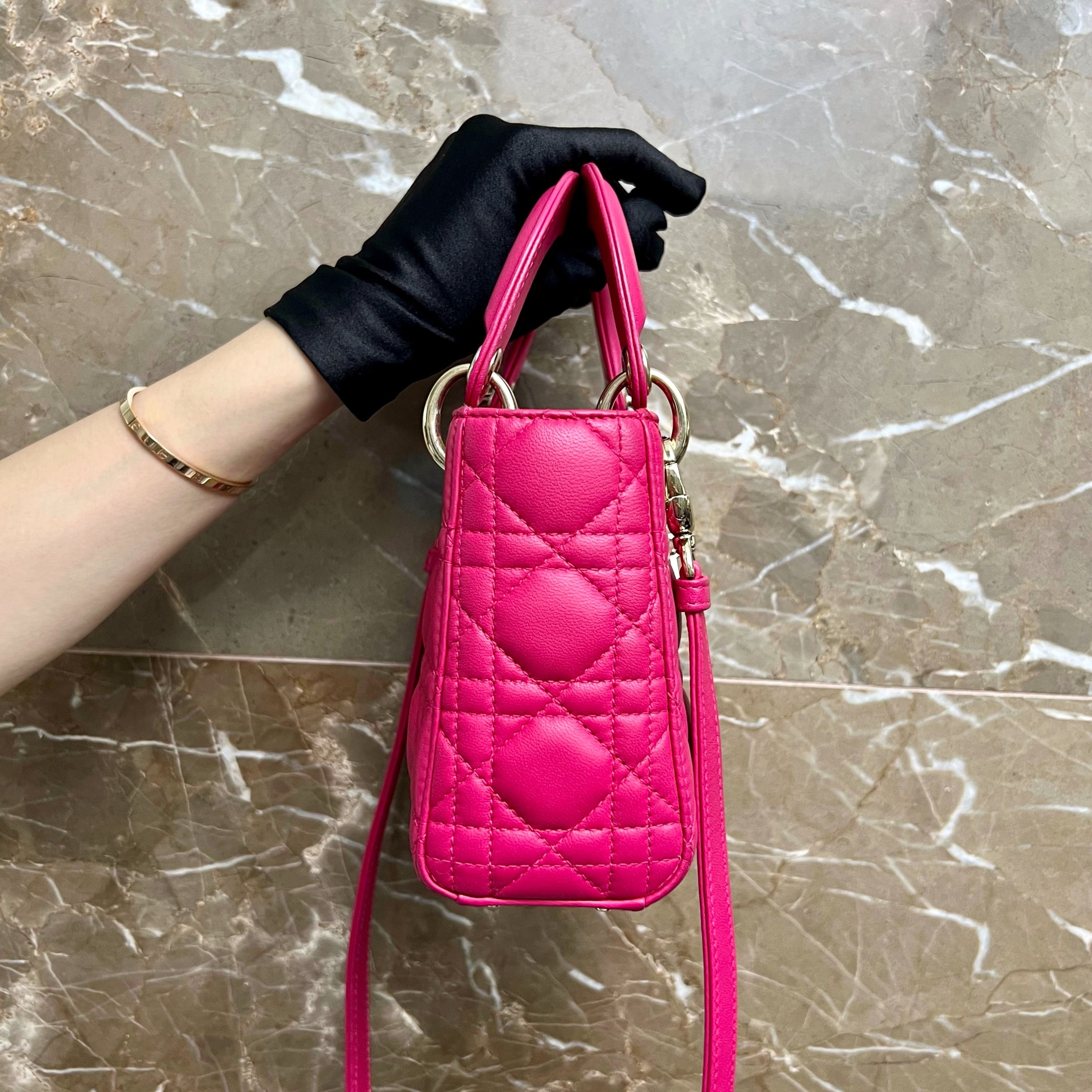 Dior Lady Mini Lambskin Adjustable Strap Hot Pink GHW - Luxury Evermore