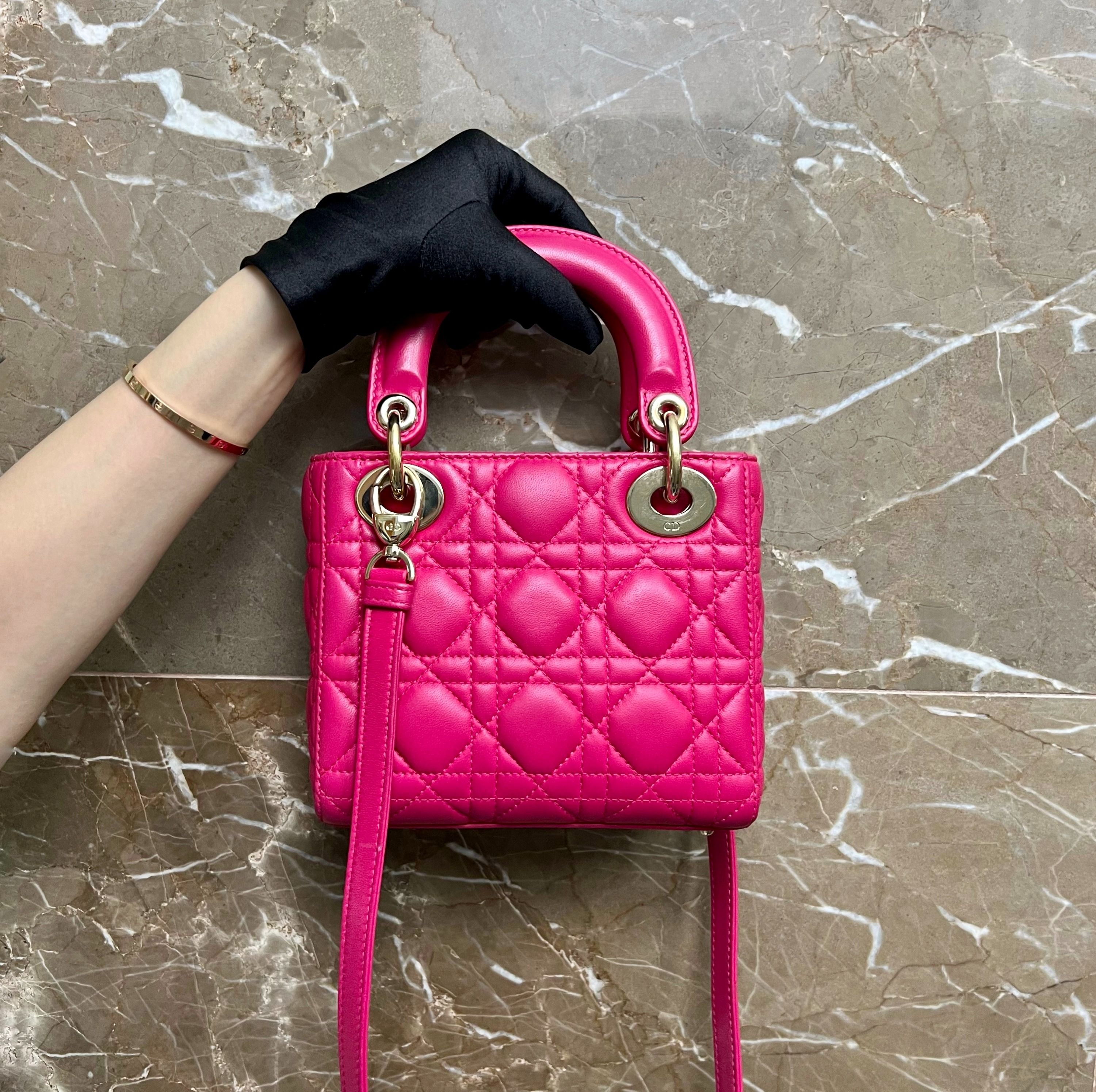 Dior Lady Mini Lambskin Adjustable Strap Hot Pink GHW - Luxury Evermore