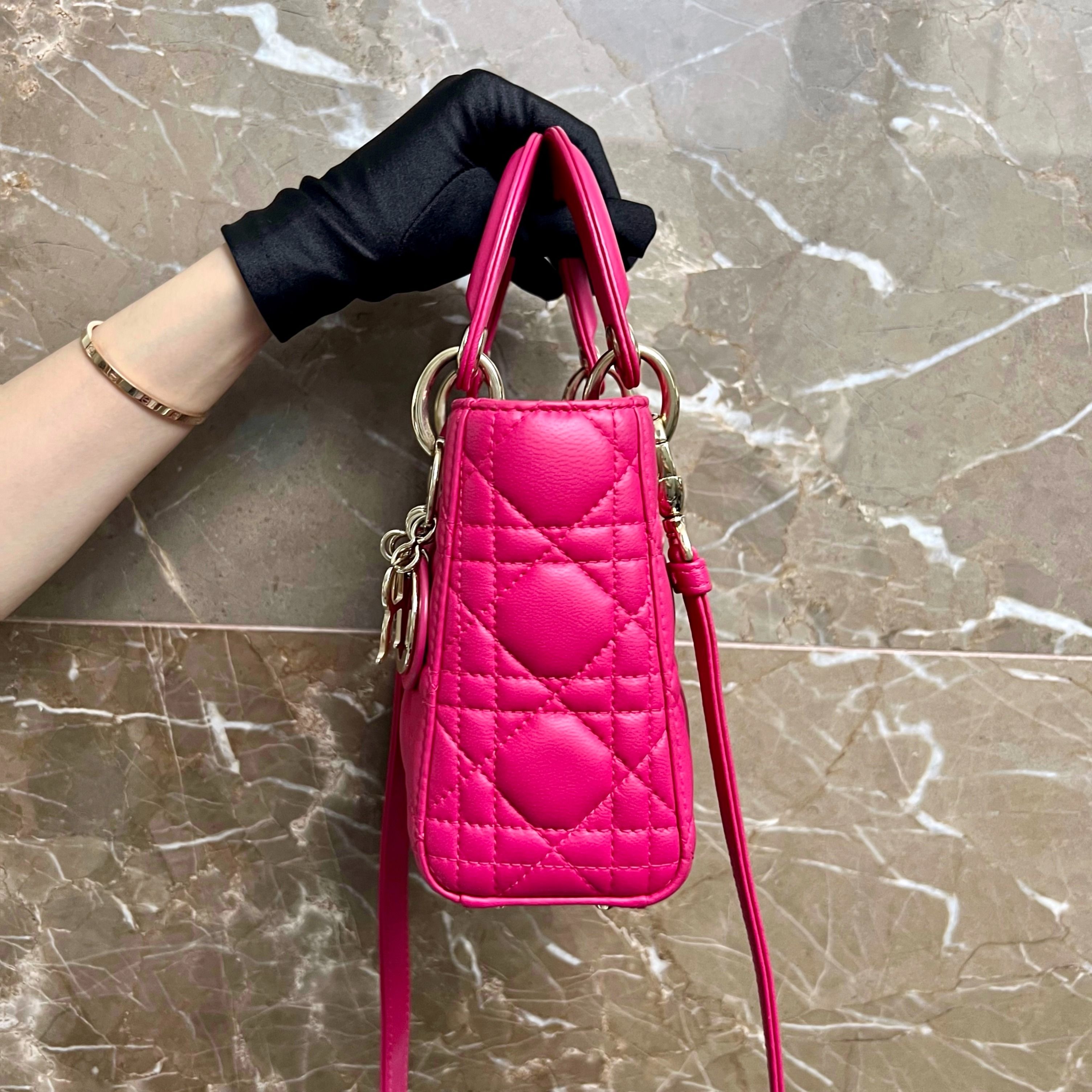 Dior Lady Mini Lambskin Adjustable Strap Hot Pink GHW - Luxury Evermore