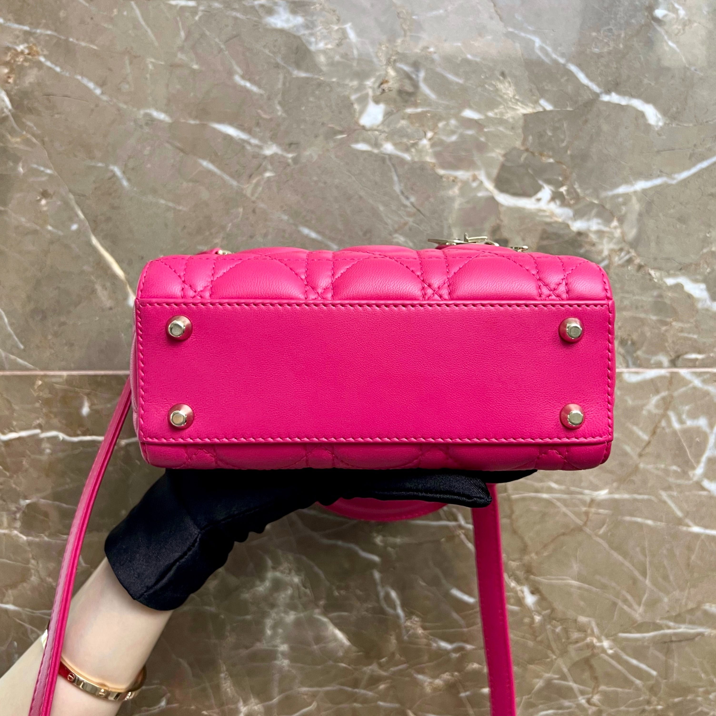 Dior Lady Mini Lambskin Adjustable Strap Hot Pink GHW - Luxury Evermore